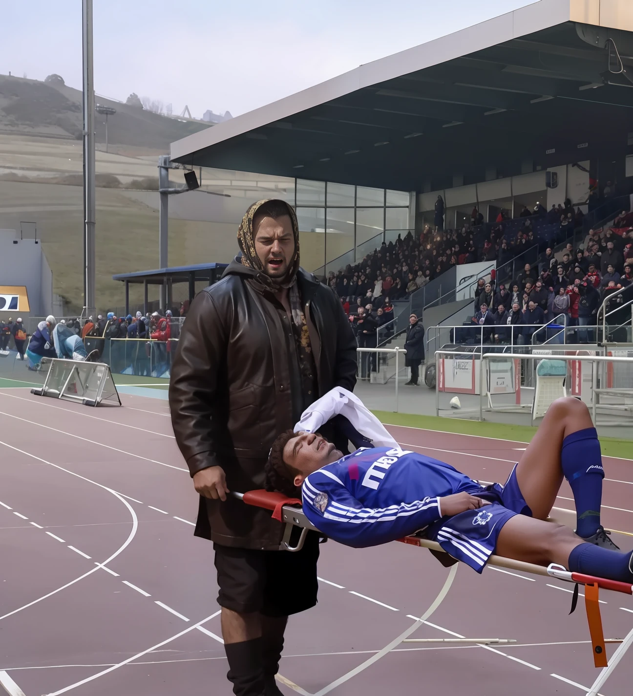 first-aid-scene, a pretty and madeup romanian woman in a shiny brown leathercoat, a very attractive woman with headscarf in a shiny patent leather coat, a very female and attractive woman with headscarf is carrying a stretcher, hotography of an injured sportsman on a stretcher being carried by a romanian woman with headscarf in a long siny leathercoat, a young male soccer player in short sportswear is lying on his back on a stretcher and is grabbing his shin with his hands, hyperralistic, very realistic, ultrarealistic photorealistic, photo, photoreal, a romanian woman with kerchief is wearing a high shine leathercoat an she is holding a stretcher inside a sports stadium, a intensely madeup romanian woman with headscarf in a high-shine leathercoat is shouting out for help and has a very sad and furious expression in her face, a sportsman is lying on a stretcher and has a very painful and suffering face, a young sportsman on a stretcher with a very painful expression in his face, dramatic action pose, sports accident, injury scene, theatralic pity pose, pity pityful, pain, a sportsman is lying on a stretcher and is crying in pain, a young madeup woman with headscarf in a shiny coat is carrying a man on a stretcher inside a sports stadium, sports scene, stadium