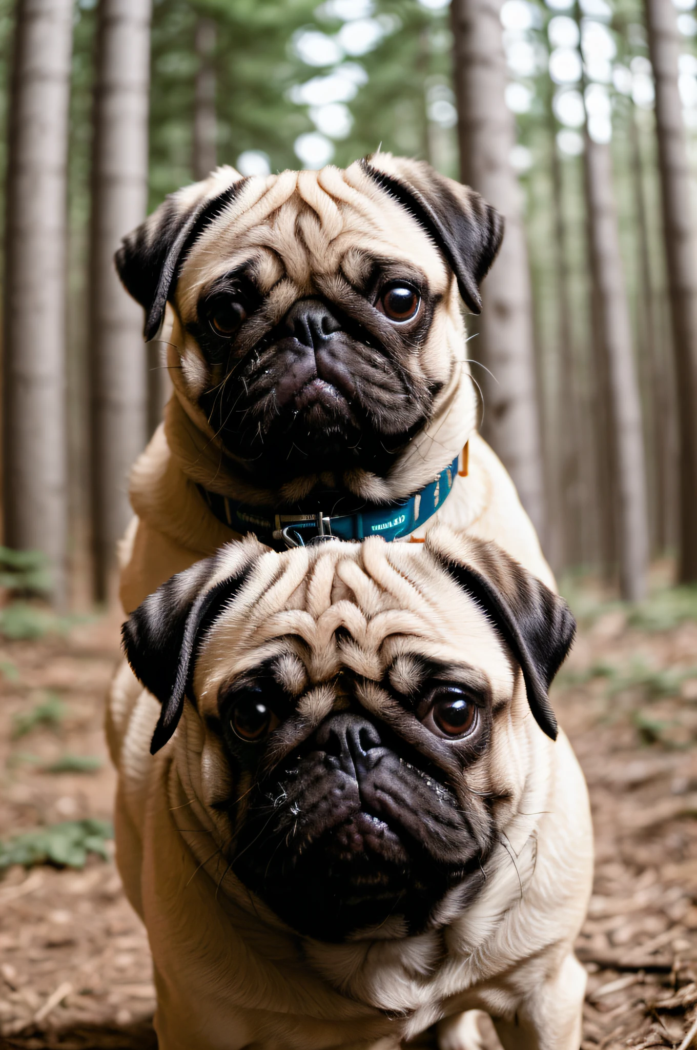 ((Cybernetic pug in portrait):1.3,standing in the forest:1.1, roupas de viajante, pele natural),(sharp shade of trees),(foto em 8k UHD, alta qualidade:1.2),(filmic grain:0.9),(Estilo Foto RAW da Fujifilm XT3:0.9)