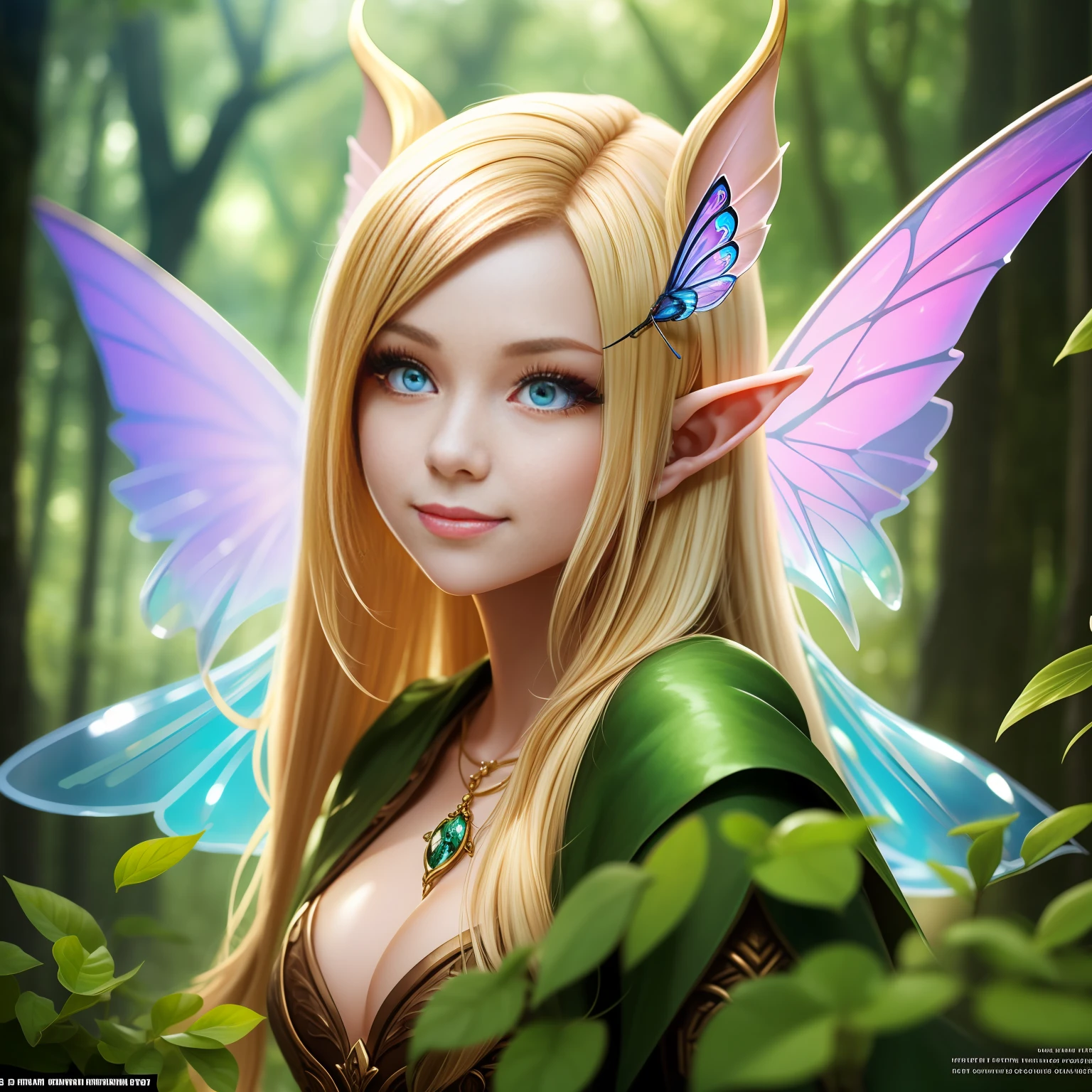 Full Body Portrait, Forest Elf, smiling, nice poses, magical neverland style background (Best Quality, 8K, Masterpiece: 1.3), blond Hair, Petite Body, (Beautiful Detailed Eyes), (Super Detail), (Desktop Wallpaper), (Detailed Face), Ray Glow, Optical, Panoramic Illumination, Atmospheric Perspective, Dawn, Anti-Aliasing: 5D, Light Painting, Color, Beautiful Face, Perfect Body Beauty: 1.4, Clear Facial Features, Symmetrical Transparent Wings, Stunning Details, NSFW: 2.07