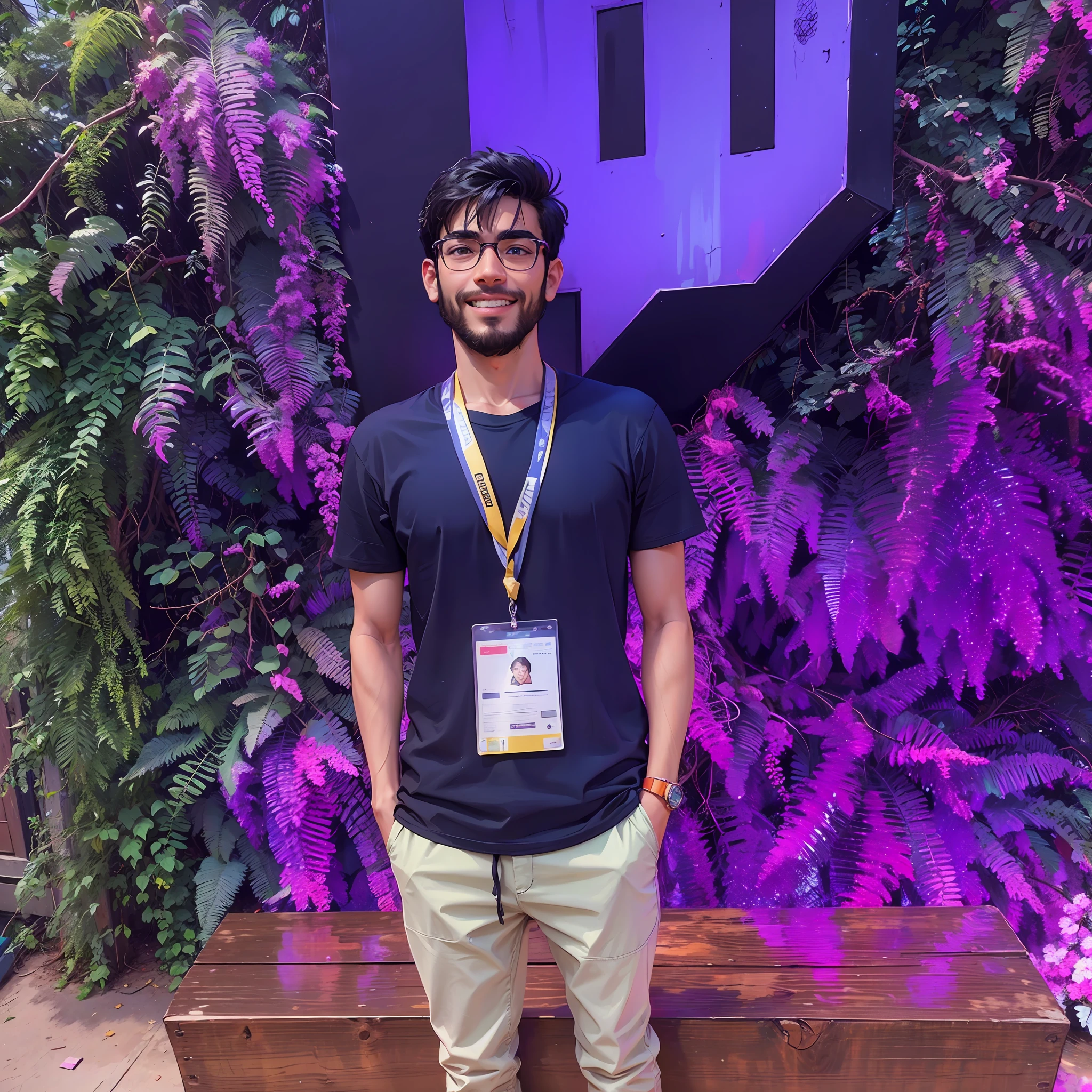 arafed man standing in front of a purple wall with a name tag, Streamer do Twitch / Jogador Ludwig, Em segundo plano, foto de perfil 1024px, Streamer do Twitch, Jayison Devadas, Directed by: Samuel Silva, In the background, ligeiramente sorridente, em frente a um fundo de floresta, Directed by: Byron Galvez, Directed by: Luis Miranda, Riyahd Cassiem