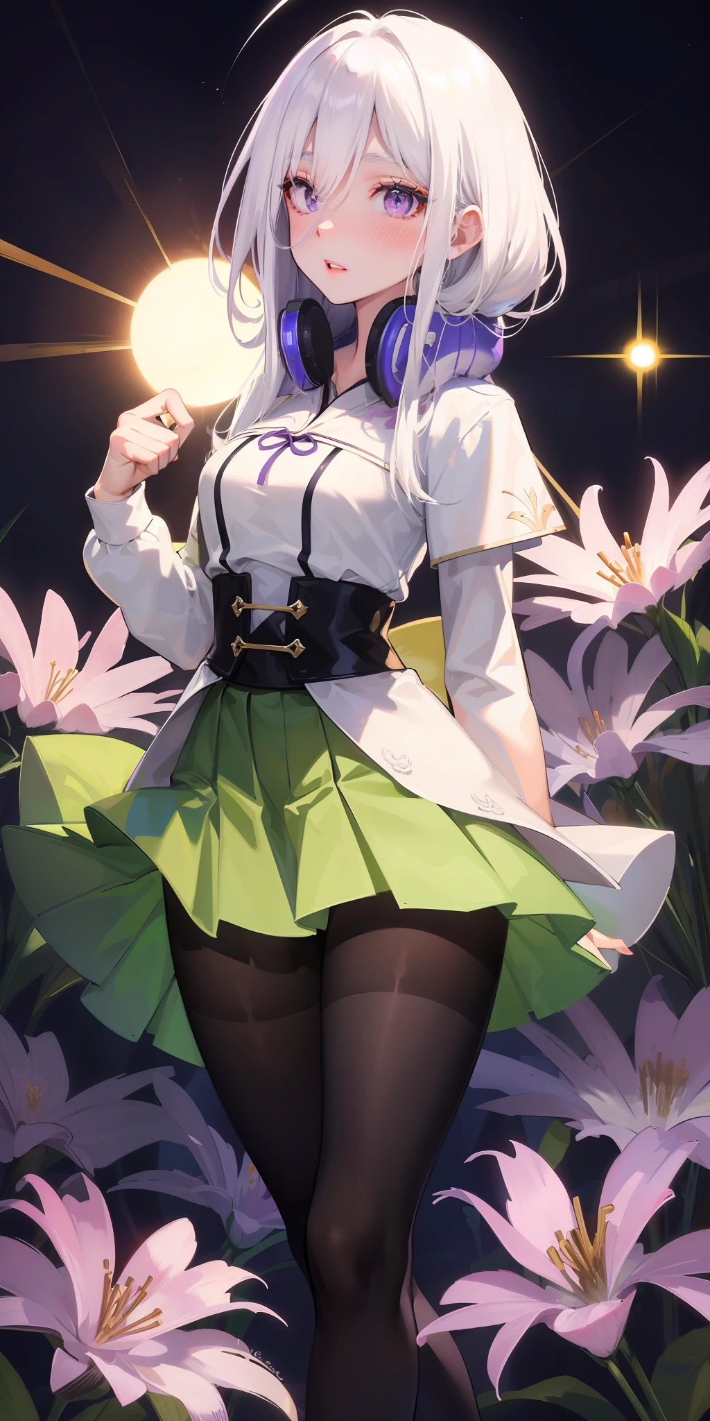 , one girl, white hair, purple eyes, glowing eyes, highest yield, skirt, parted lips, blush, night, flowers, sun, sunlight,