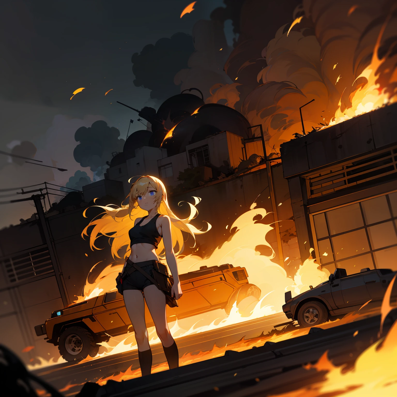 A masterpice, Top image quality, Hi-Def, Beautiful blonde girl、Whole human body、Blue eyes、deadpan、Black tank top、Black spats、semi long hair、The  is standing、showing butt、by night、Military base blown up in flames、Armored car blasting into flames、