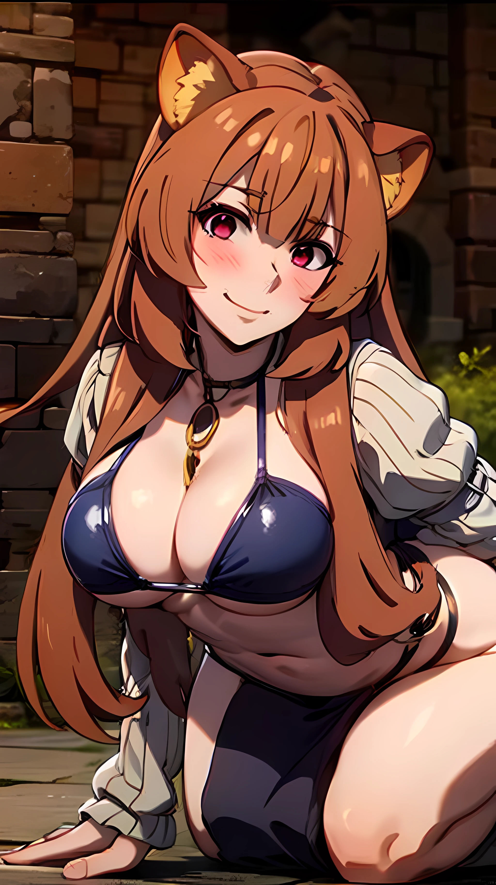 巨作, beste-Quality, Raphtalia, a 1girl, 独奏, Long Hair, Breast, looking at the spectator, big boob, Big hip, blush, a smile, auburn hair, red eyes, thights, long sleeves, gown, guarding, animal ears, Very long hair, closed mouth, bikini of, Raccoon tail, Raccoon Girl, bending down,