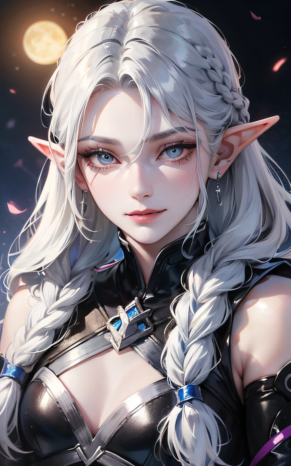 cyberpunk girl face, attractive, (((1man))), masterpiece, absurdres, best quality ,intricate details, (shiny skin, shiny body, shiny oily luster skin, shiny hair, pale skintone), Sundown, attractive, ((muscular)), adult, one, earrings, look at the view , white hair, braided hair, perfect detailed face, perfect detailed hands, nimbus, blue eyes, elf ears, smirk, silver ornaments, (((night))), moonlight, darkness, dark light, character seen from afar, winter clothes, perfect detailed eyes, perfect detailed face, perfect proportions, looks evil, dark, masculine