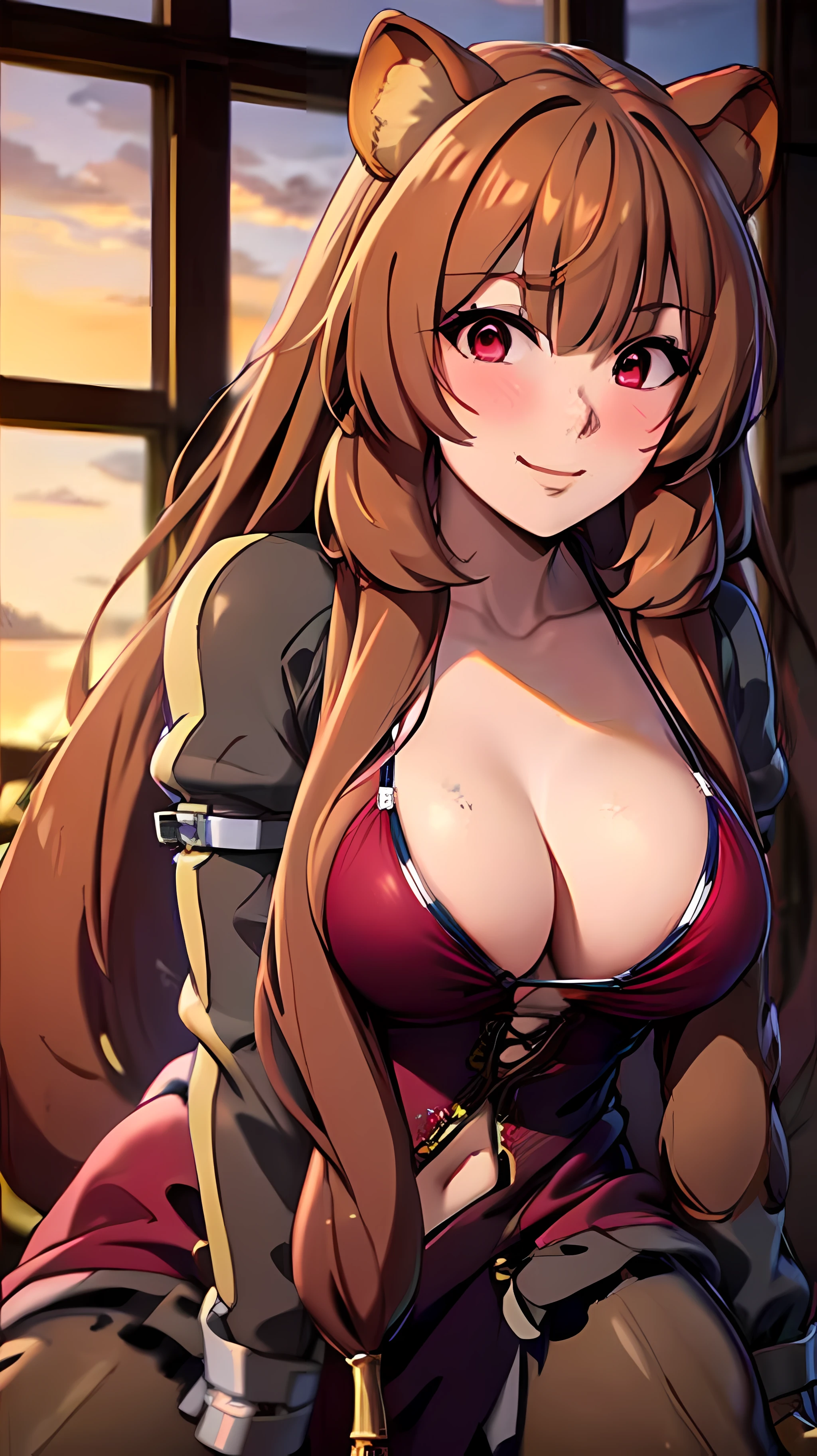 巨作, beste-Quality, Raphtalia, a 1girl, 独奏, Long Hair, Breast, looking at the spectator, big boob, Big hip, blush, a smile, auburn hair, red eyes, thights, long sleeves, gown, guarding, animal ears, Very long hair, closed mouth, bikini of, Raccoon tail, Raccoon Girl, bending down,