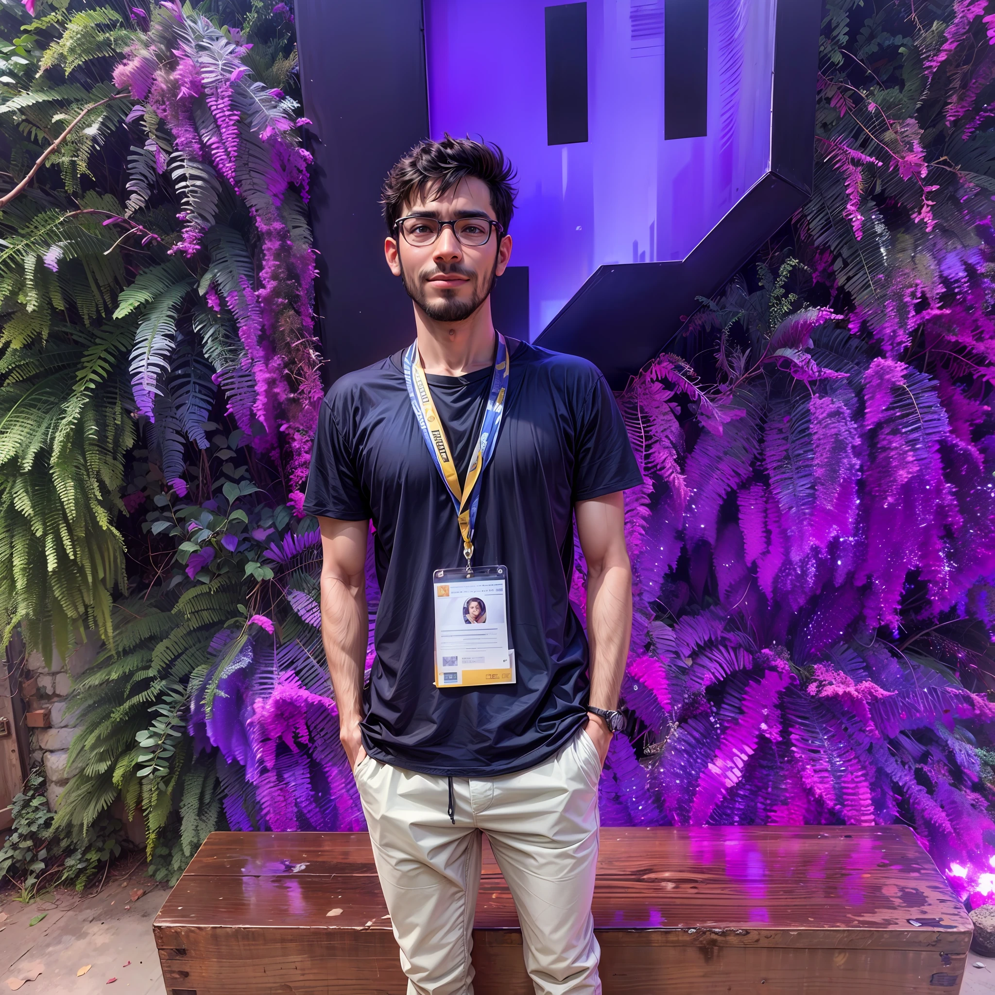 arafed man standing in front of a purple wall with a name tag, Streamer do Twitch / Jogador Ludwig, Em segundo plano, foto de perfil 1024px, Streamer do Twitch, Jayison Devadas, Directed by: Samuel Silva, In the background, ligeiramente sorridente, em frente a um fundo de floresta, Directed by: Byron Galvez, Directed by: Luis Miranda, Riyahd Cassiem