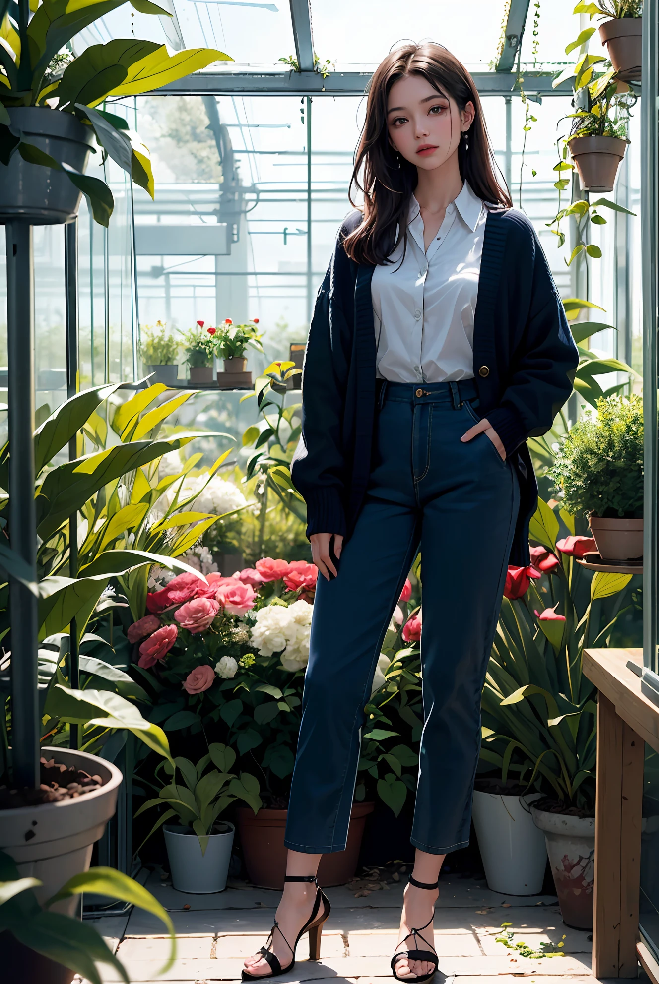 vivid illumination, enchanting elegance, atmospheric depth, masterful technique, naturalistic representations, harmonious composition, creative refinement, striking juxtapositions,
1girl,solo,Burgundy cardigan, navy blue corduroy pants,(full body),
greenhouse,
outdoor,
Freedom,
Fresh floral scents, dewy morning pearls,
detailed background,depth of field,(sharp focus:0.8),