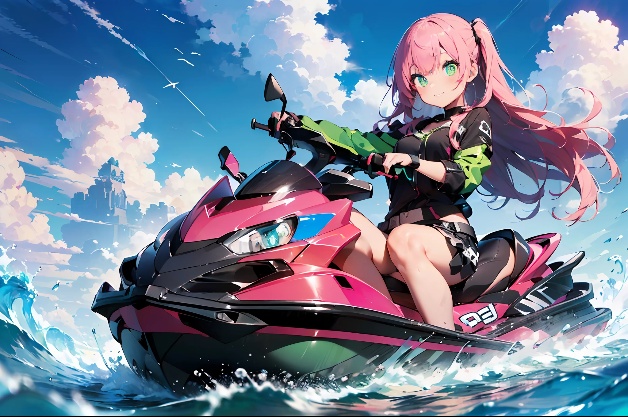 jet ski:2(((masterpiece))),((ultra detailed,best quality, highres, 8k wallpaper, beautiful Clothes,)),fullbody,fullbodyshot (1 girl)((pink hair, long hair,straight hair,two side up)) (green eyes),eyeshadow, eyeliner,glow eyes, hyper detailed eyes, intricate eyes, beautiful eyes, ((glowing pink pupils))18-year-old girl.smile