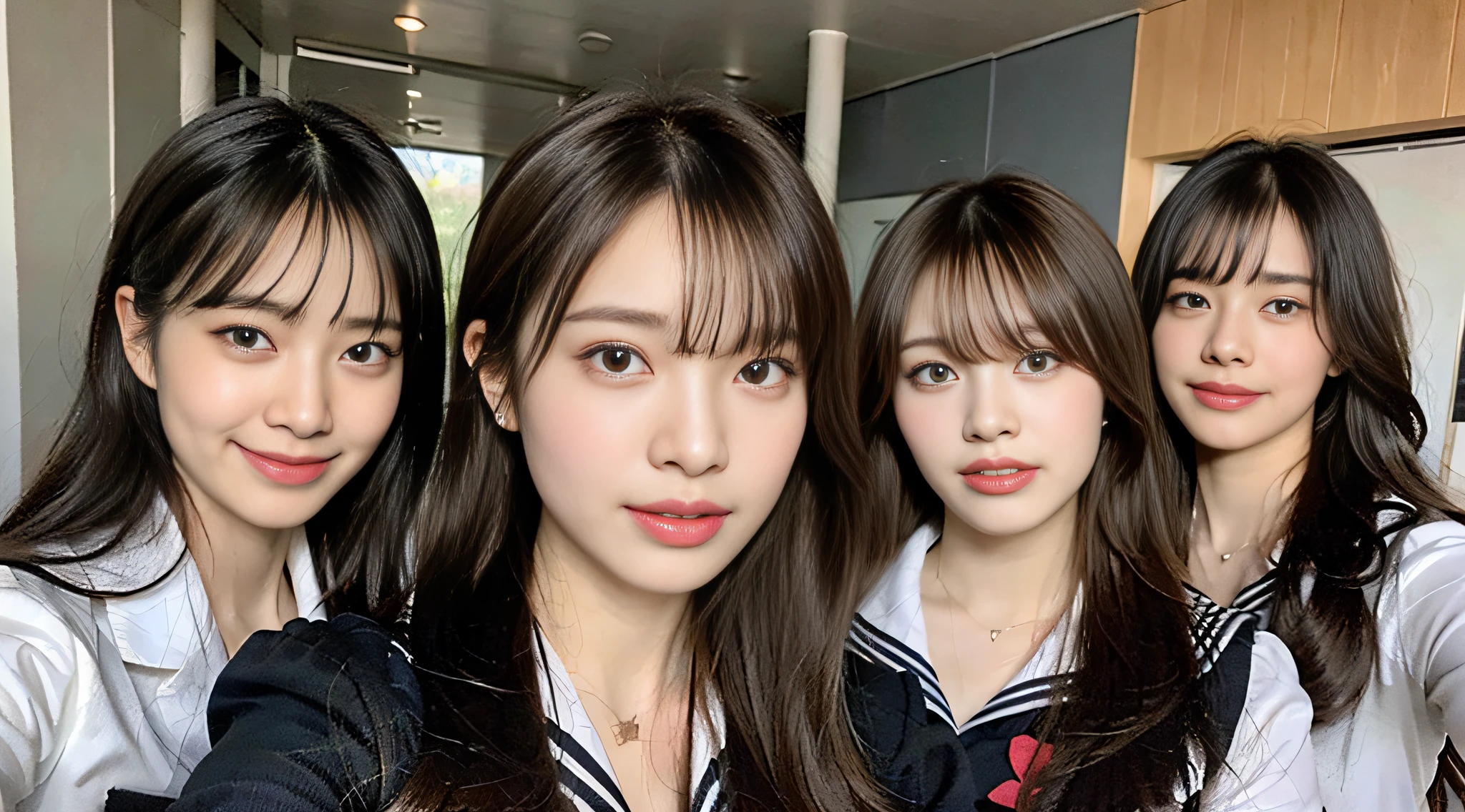 (8K、Raw photography、beste-Quality、A masterpice:1.2)、Ultra-detailded、ultra res、(Realstic、real photograph:1.47)、（I'm looking at this with my tongue out）Mouth open、（Fantastic lighting）kawaii pose、White Skin Skin、Fair-skinned female proofreading、An ultra-high picture quality、8K wallpapers、amazing detailed、Beautiful girls in very detailed、Faces with different patterns、Having a conversation in a classroom at school、Brown hair shining in the light、One has a ponytail、、Modern cute high school girl、very detailed faces very detailed eyes、Very realistic skin、 extremely detailed fingers, extremely detailed nose, highly detail mouth, flawless ???????, Highly detailed sailor suit、highly detailed back ground,After school、Smiling school girls are gathered in the hallway of the school。They are in uniform、The blackboard is faintly visible in the background.。Light from bright windows illuminates the classroom、The details of their hair and uniforms shine through.。, famous Japan idol, a Pretty, Realistic body, Slender, White Skin Skin, shining skin, Slim body,  Long straight hair, (Blunt bangs:1.2),  、Schoolgirl youth　Celebrity-level cuteness　、（Pink Eye Shadow）((Drawing a heart picture under the eyes)) heart mark、♡