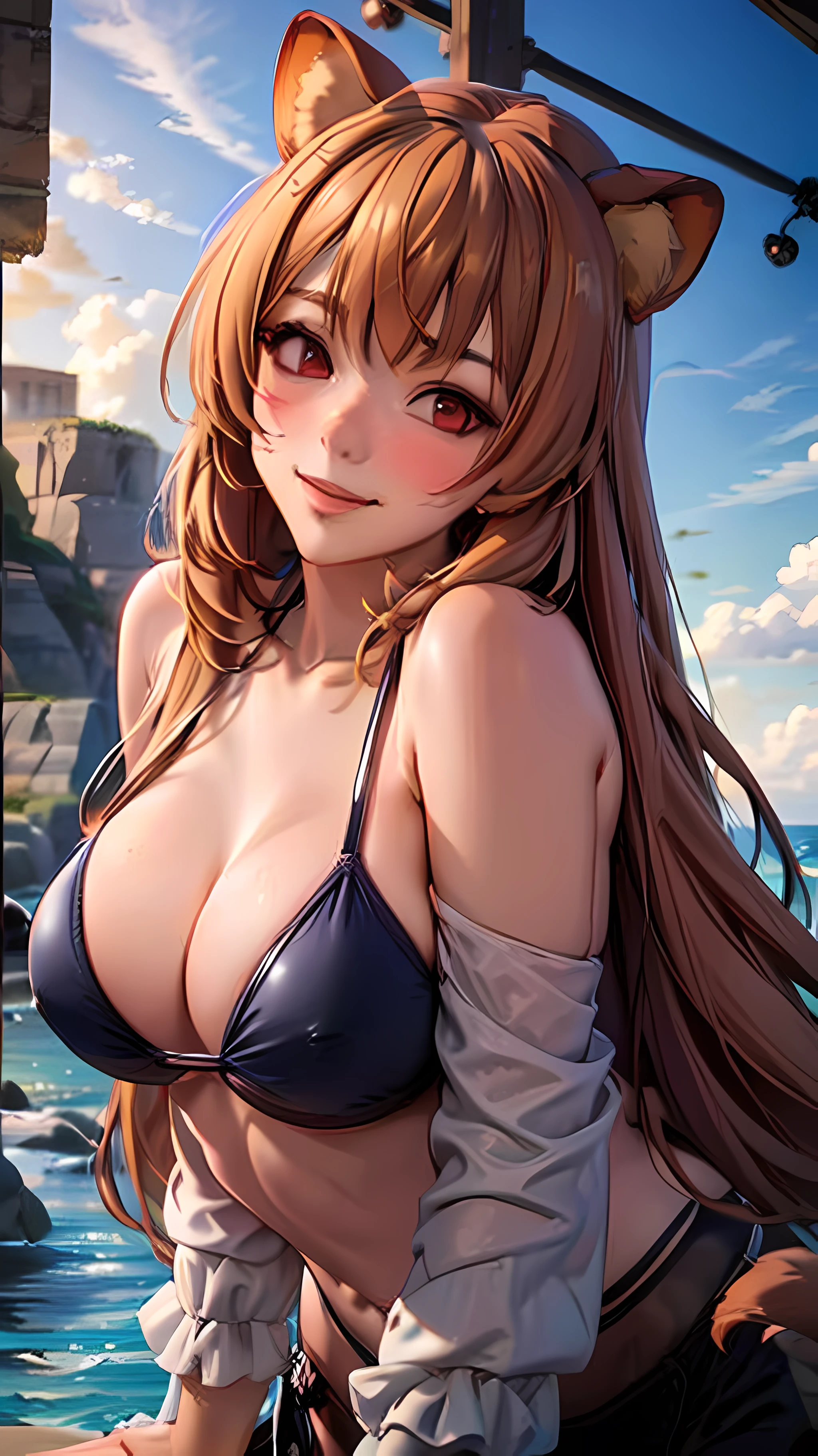 巨作, beste-Quality, Raphtalia, a 1girl, 独奏, Long Hair, Breast, looking at the spectator, big boob, Big hip, blush, a smile, bikini only, auburn hair, red eyes, thights, long sleeves, gown, guarding, animal ears, Very long hair, closed mouth, bikini of, Raccoon tail, Raccoon Girl, bending down,