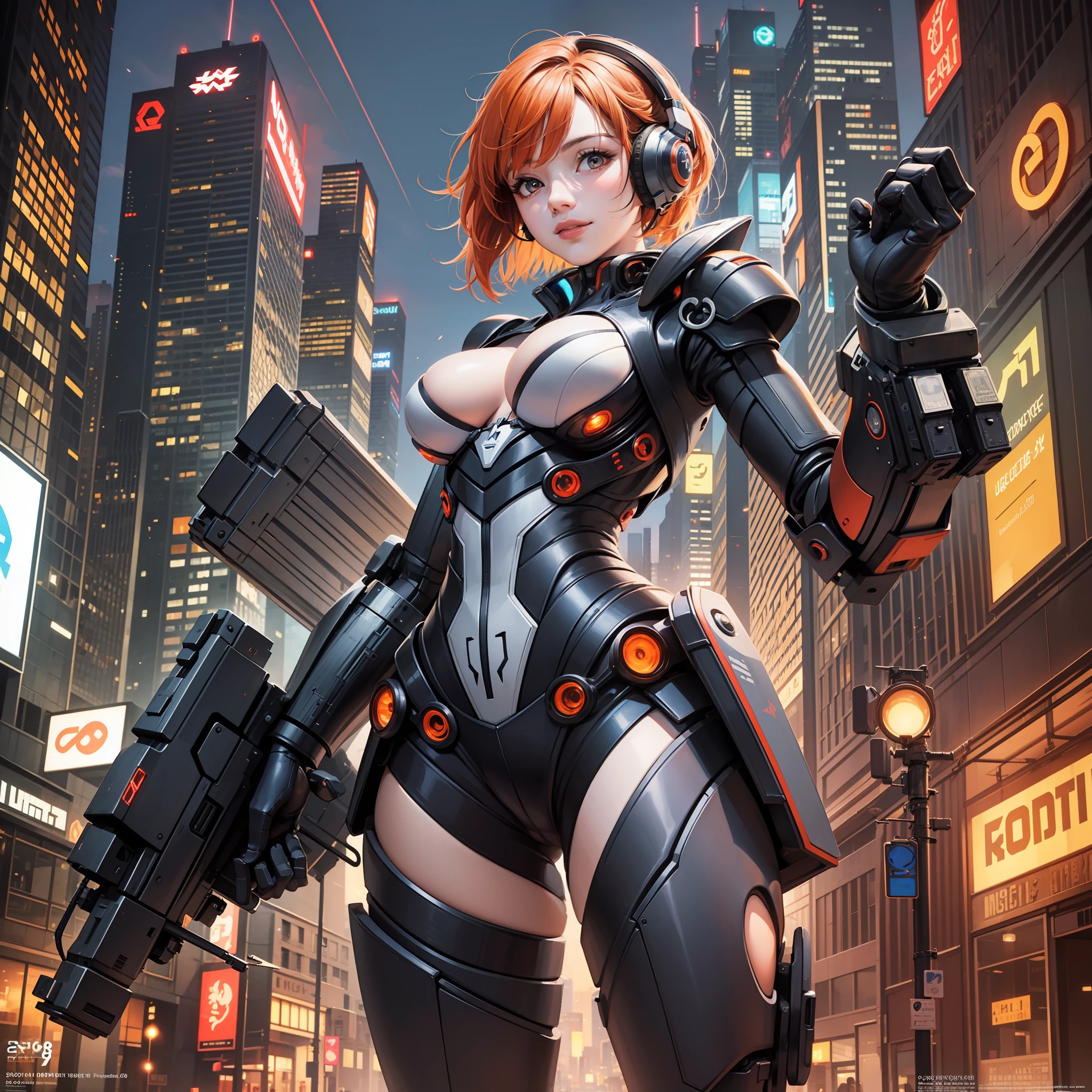 ((masterpiece, best quality;1.3)), ultra detailed, 8k unity wallpapers, CG, illustration, colorful, cinematic shadow, extremely detailed and beautiful background,vhd, shadering VRay,RTX,(realistic:1.5),cyberpunk,(exoskeleton:1.2),mecha musume,masterpiece,best quality,official art,extremely detailed CG unity 8k wallpaper, orange mecha,seductive smile, glowing light,exoskeleton, armored leotard, solo, night,crossed bangs, brown eyes, huge breasts, (1girl:1.5),cityscape, thigh strap, short hair,orange hair, circle robot ears, light particles,floating hair,