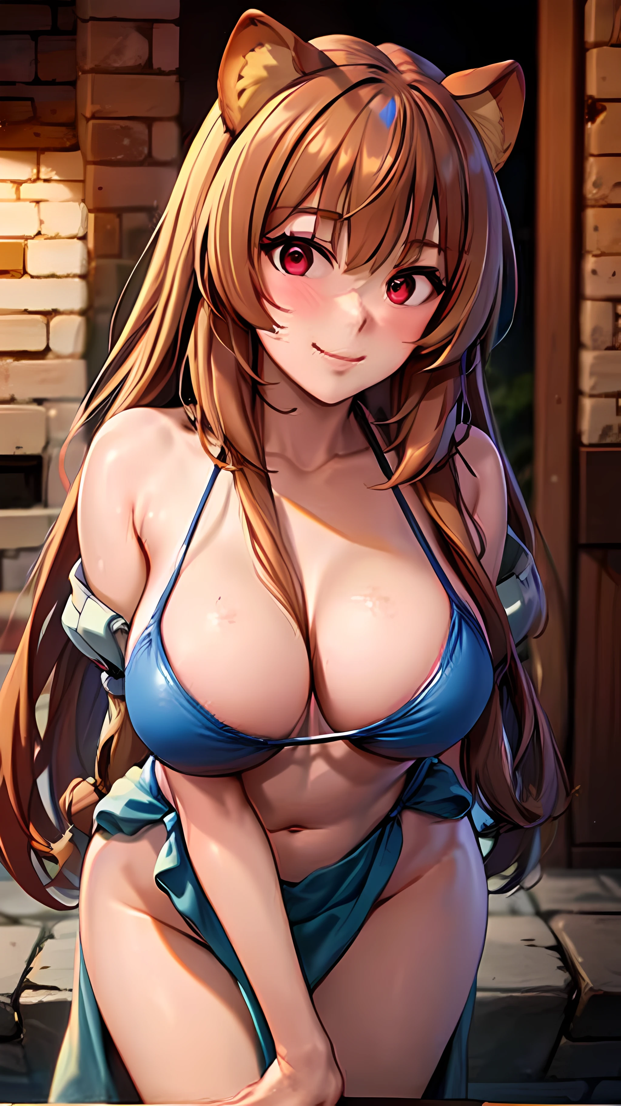 巨作, beste-Quality, Raphtalia, a 1girl, 独奏, Long Hair, Breast, looking at the spectator, big boob, Big hip, blush, behind, a smile, bikini only, auburn hair, red eyes, thights, long sleeves, gown, guarding, animal ears, Very long hair, closed mouth, bikini of, Raccoon tail, Raccoon Girl, bending down,