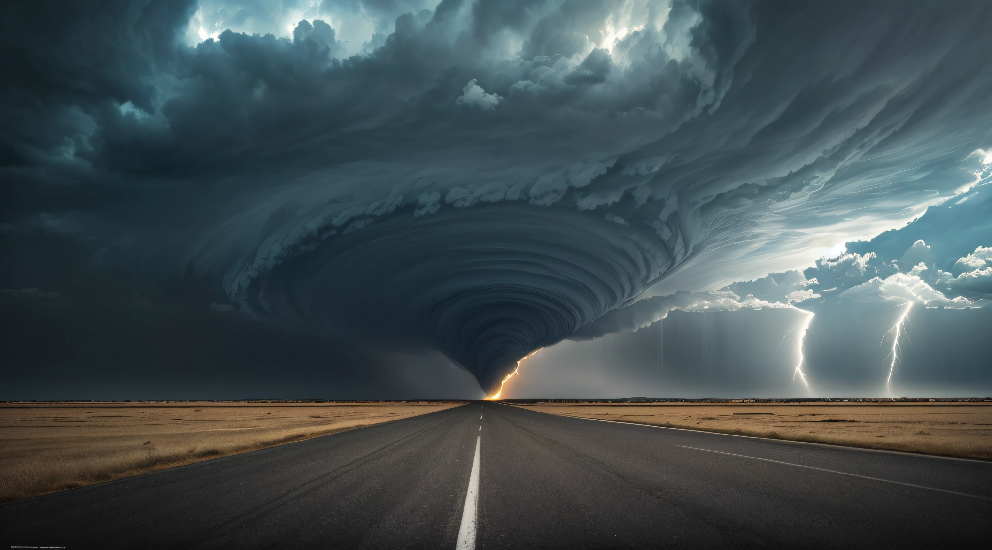 Tornado narrow of wind descending from the sky touching the ground on the left side of the image, destruction on the right side, poder da natureza, Ultra realismo, Realismo impressionante, textures true to reality