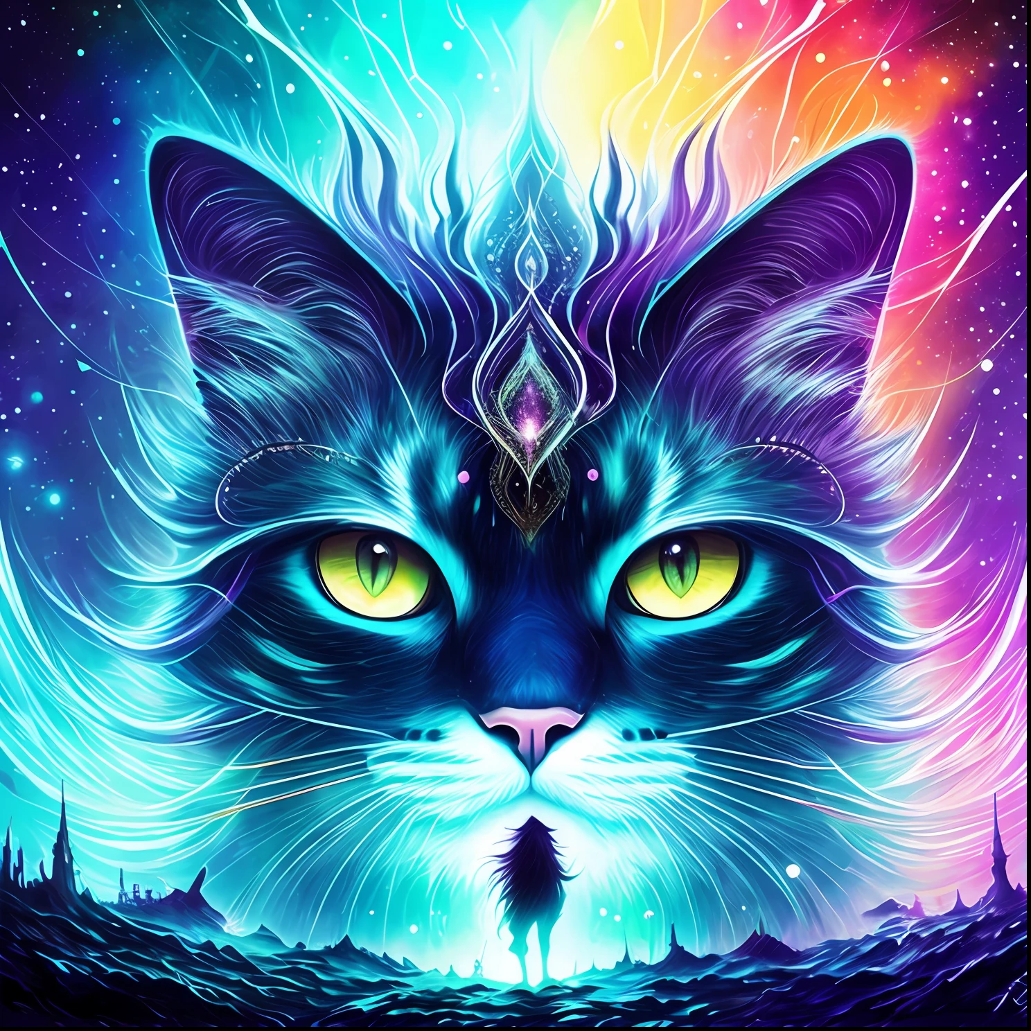 Version with a black background、Colorful cats、Ethereal, liquids, abstracted, masterpaintings, highly - detailed, optimal quality, HighestQuali, realistic illumination, superdetailed, hyperrealistc, Farbe, Colorful