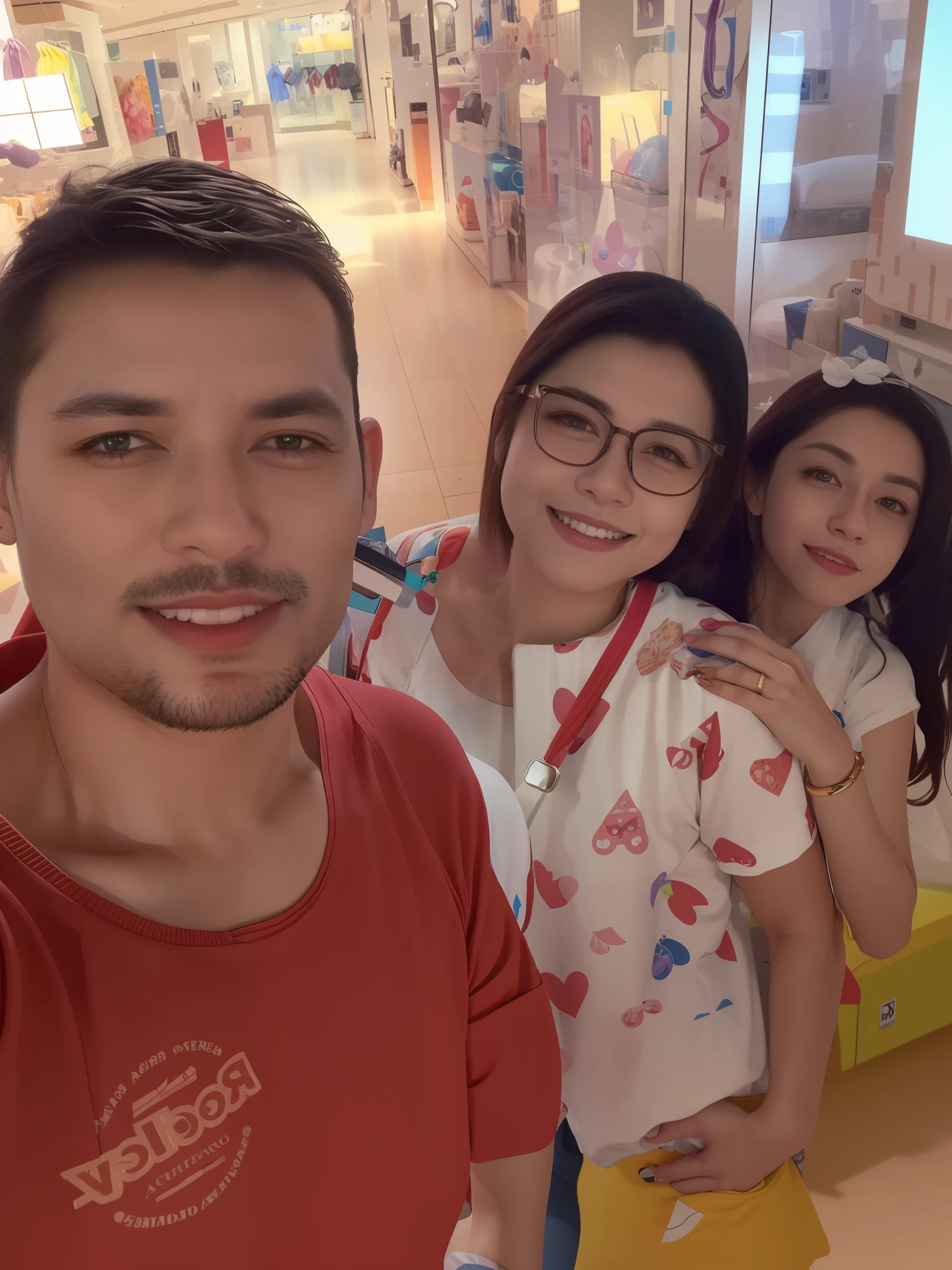 there are three people standing in a store with a woman, Fotografia selfie 8k, imagem de perfil, Directed by: Nandor Soldier, Happy family, facebook post, foto de perfil, papai, em um shopping, em um shopping, Retrato tirado 8 K, foto de perfil, Mulher de 30 anos de Cuba, 4 k post, Postagem 4k