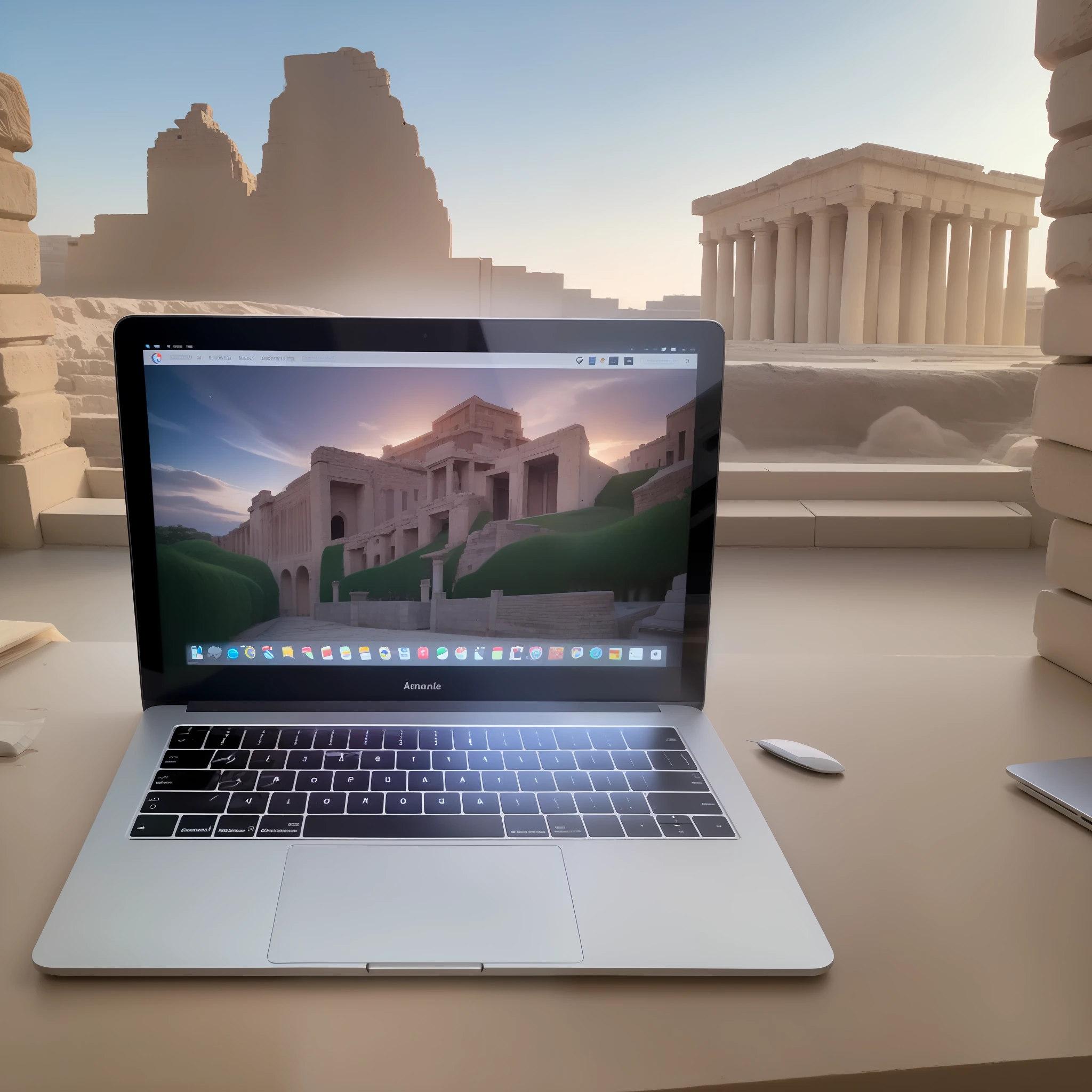 downward angle photo of a silver 2020 macbook pro laptop with the lid opened, sitting in the garden of babylon with historic roman buildings in the background, foto estilo filme vintage, foggy sky