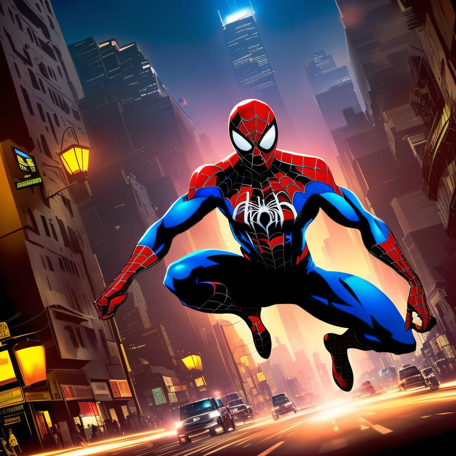 imagem impressionante de uma cidade a noite com o estilo do homem aranha no spider verse --auto