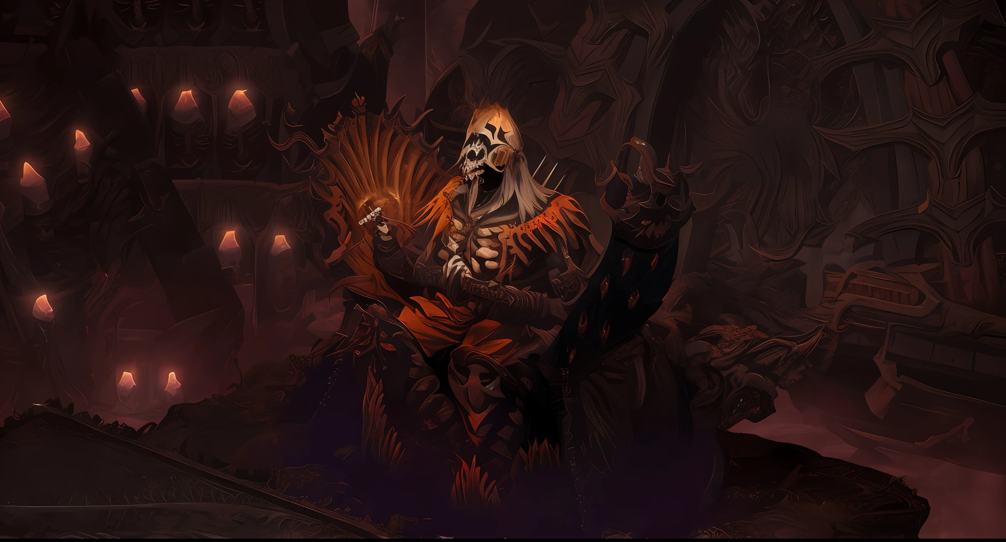 there is a skeleton sitting on a throne with candles in the background, detailed hot maw, detailed maw, on an epic intricate oroboros, ruler of inferno, ornate supreme demon overlord, muscled humanoid balrog demon, diablo 3, gaping maw, an epic majestical degen trader, beautiful male god of death