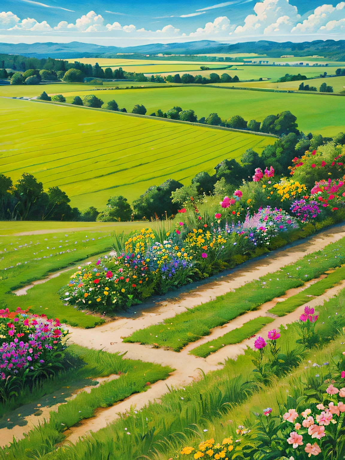 Obverse, caricature, sideways, Sorissos, this is a spring landscape painting, countryside, multicolored flowers, sunny, multicolored flowers