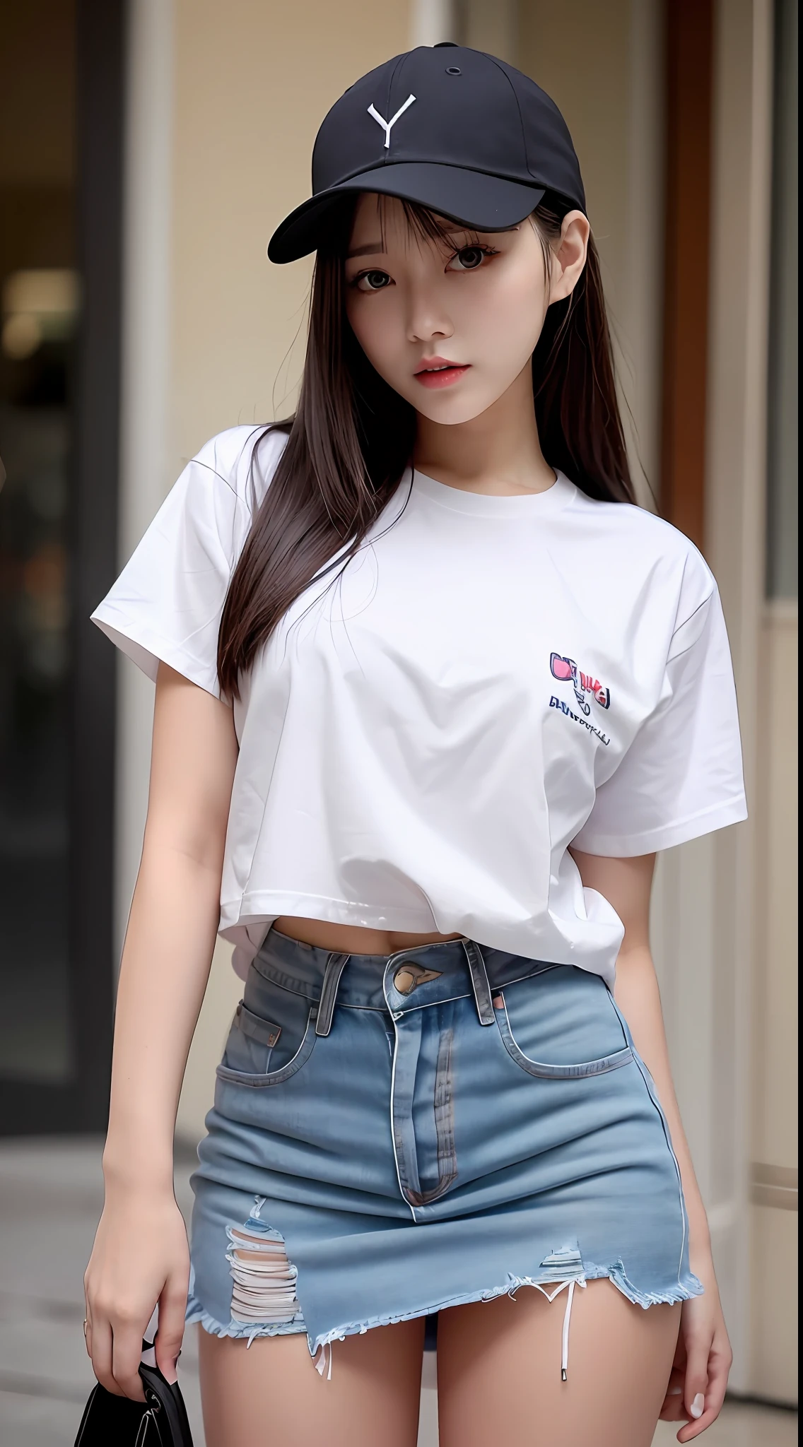 there is a woman that is looking out of a gate, young adorable korean face, Young and cute Asian face, young asian girl, A young Asian woman, Beautiful young Korean woman, wearing a baseball hat, portrait of a japanese , Young asian woman, Korean girl, wearing a cute hat, side portrait of cute girl, Chinese girl, Wearing a baseball cap。masterpaintings,Light makeup,Flaming red lips。ultrafine detailed,masterece-piece,Authentic texture,Cinematic lighting realism,perfect works,8K,Hi-Def,Delicate facial features。Wear a loose T-shirt on the upper body,The lower body is wearing a miniskirt,Thigh tie。Pear-shaped body。Rounded buttocks,Slender little man's waist,Perfect waist-hip ratio。Petite and cute body