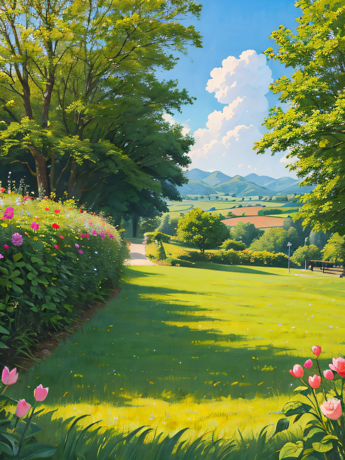 Obverse, caricature, sideways, Sorissos, this is a spring landscape painting, countryside, multicolored flowers, sunny, multicolored flowers