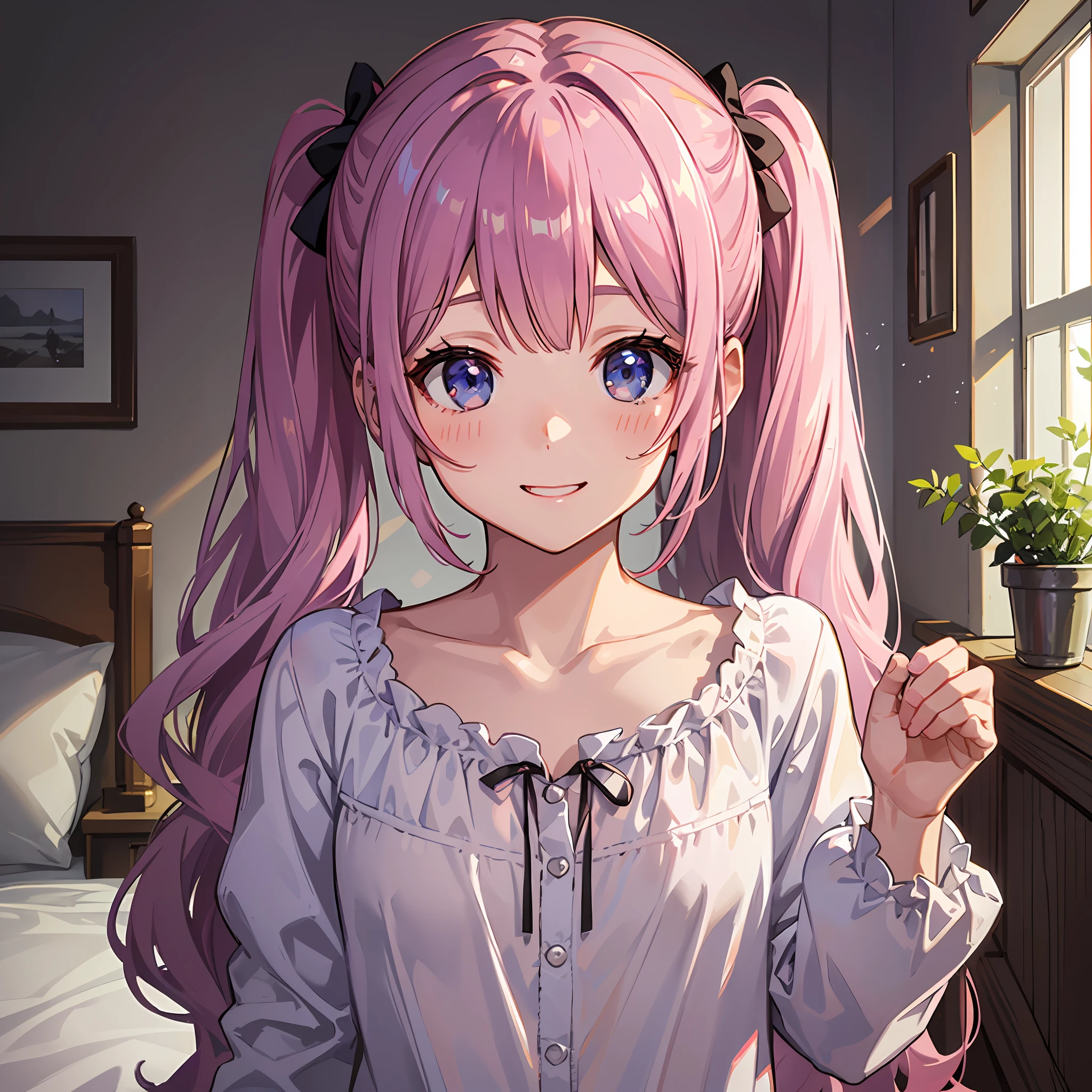 (((masterpeice)))、(((beste-Quality)))、Hi-Res、 The  is standing、 (Cute One Girl)))、独奏、Brown-skinned、small tits、Eight-headed body、(Pink hair)、((twintails))、 ((straight bangs))、Beautiful hair、verd s eyes、Beautiful Eyes of Details、((blushful))、a smile、 Nightwear、 耳环、White room、a bed、 (Morning)、 Shadow lighting、