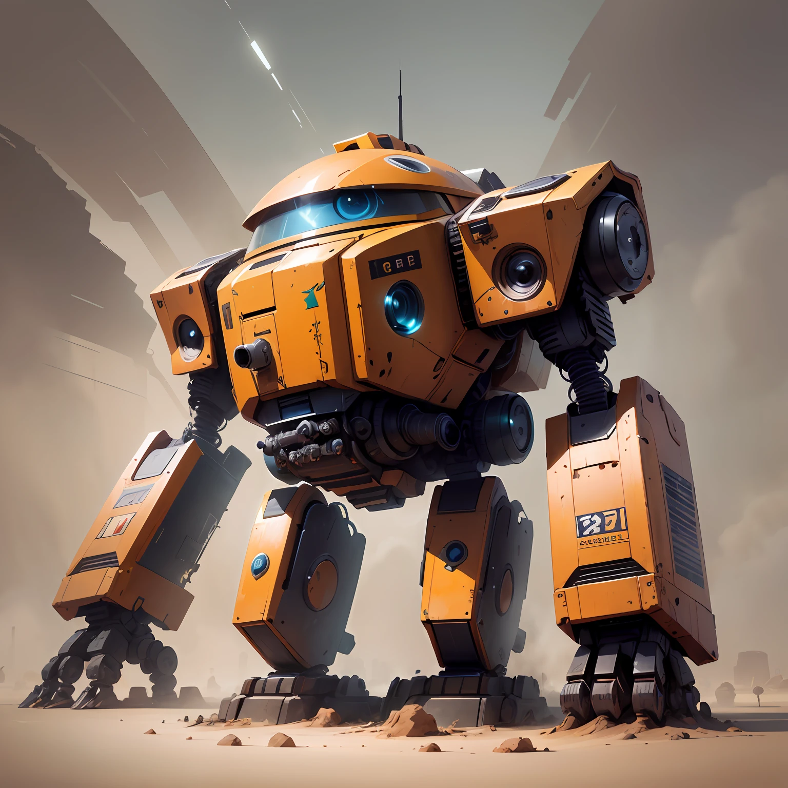 there is a robot that is standing in the dirt, mech robot futuristic, Yellow mech, A mechanical, wojtek fus, comic book style battlemech, sci-fi mech, robot concept art, mech robot, battlemech, mechanized art concept, battlemech, giant mecha, mech concept art, portrait of a mech, mech body, sparth style