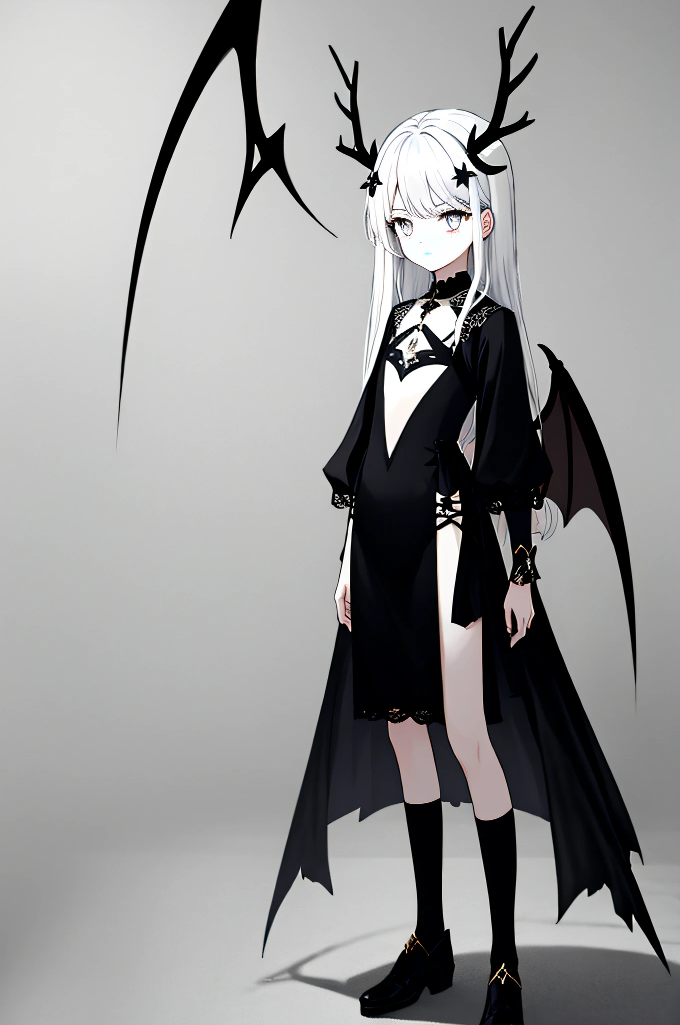 masterpaintings，Super good quality，Anime shoujo，{{Gray pupils}}，straight-hair，white color hair，{{{16k}}}，{{Barren chest}}，ultra high def，Sharp antlers，Devil wings：white colors，Angel wings：black colors，Normal face，Normal limbs，Untwisted fingers，{An extremely delicate and beautiful girl}, 8k壁紙, {{{巨作}}}，{{Clear face}}，{{Outfit in black}}，Dark Armor，{{{Face Correction}}}，{{{Face HD}}}，{{{Healthy complexion}}}，Full body photo，{{Small breasts,Flat chest}}