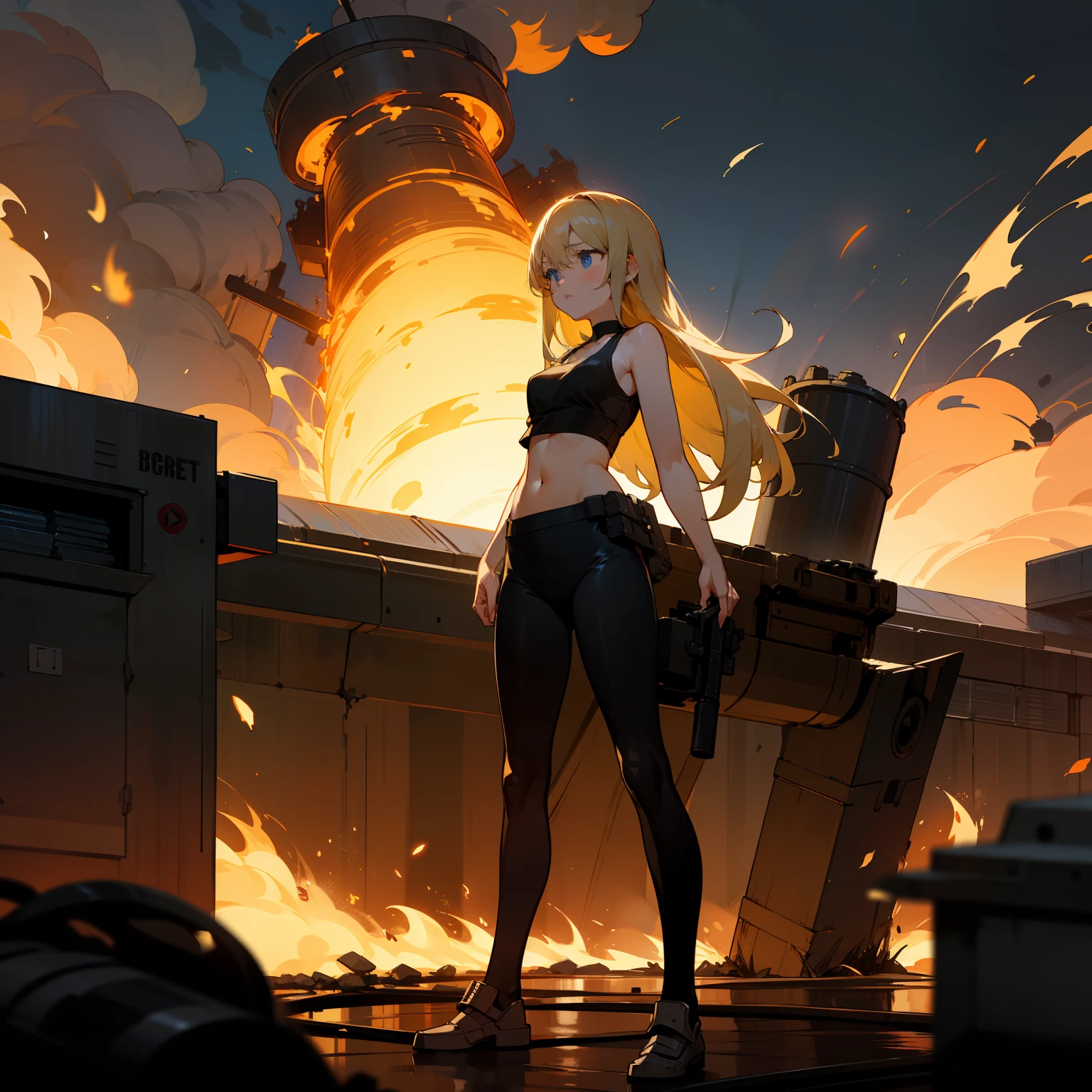 A masterpice, Top image quality, Hi-Def, Beautiful blonde girl、Whole human body、Blue eyes、deadpan、Black tank top、Black spats、semi long hair、The  is standing、showing butt、by night、Military base blown up in flames、Armored car blasting into flames、