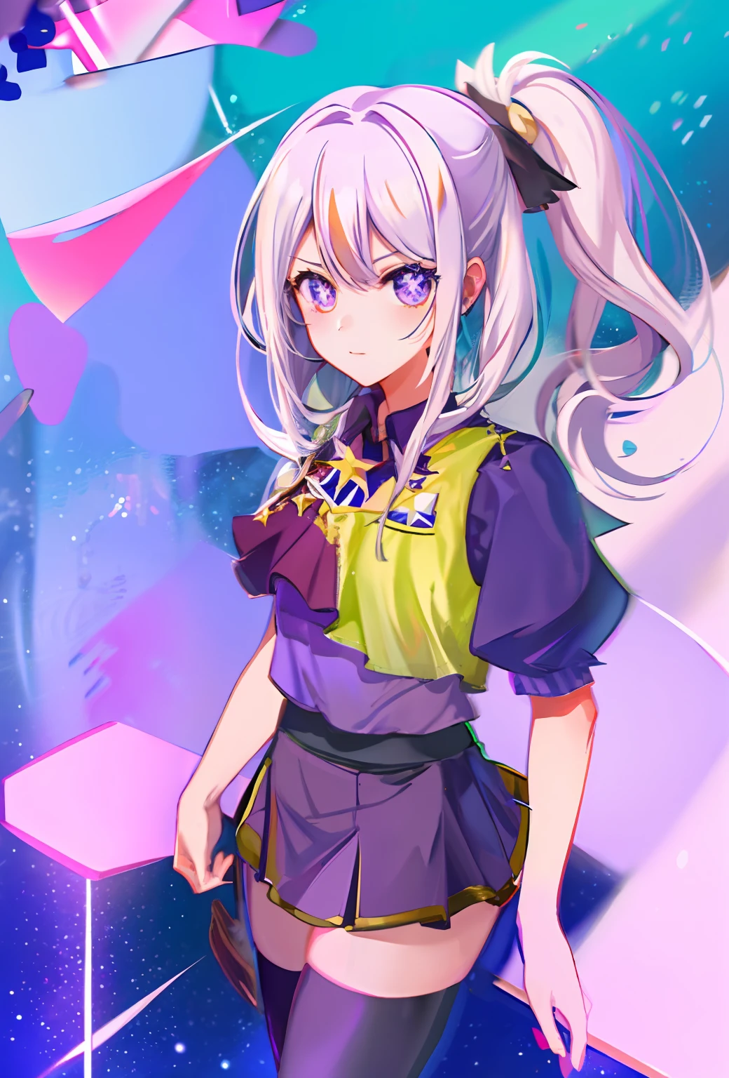 idols,A short skirt,Purple clothes,Star Eyes,whitehair,a horsetail