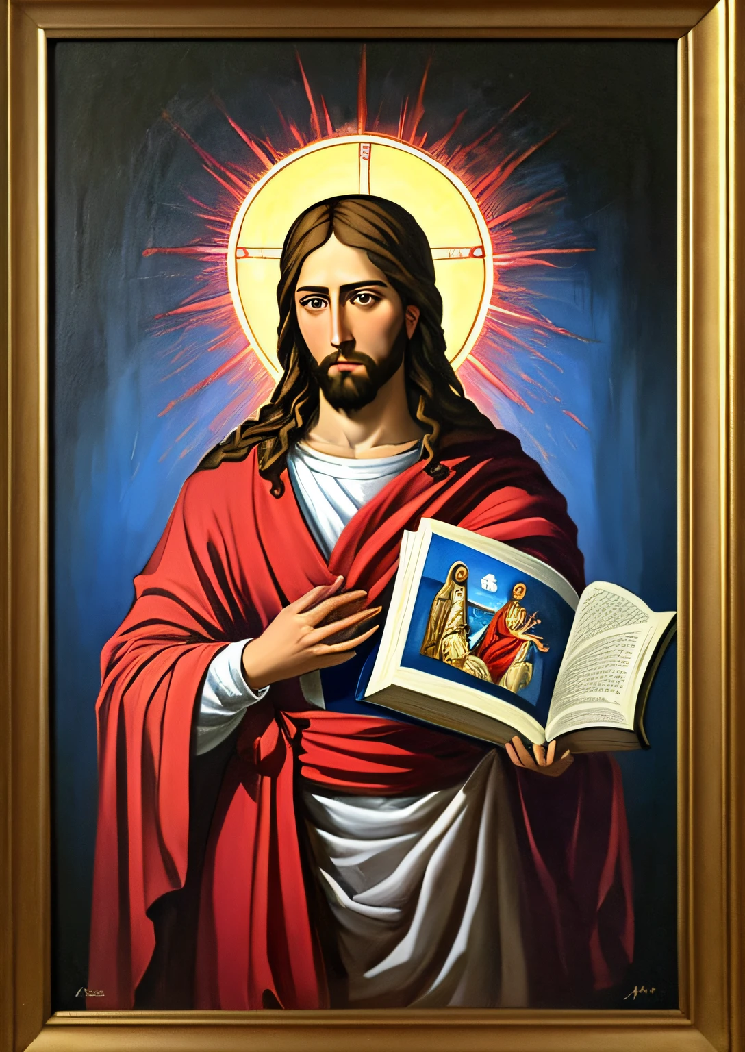 Jesus holds a cross and a painting of a book, Cyberpunk Jesus Christ, Jesus of Nazareth, Portrait of Jesus Christ, Catholic religious art, unknown artist, Religious painting, Sacred art, Jesus, Jesus Christ, Portrait of the Holy Father, direction: Patrick Adam, Christian art, Religious portraits, Masterpiece artwork, Portrait of a religious masterpiece, jen bartel