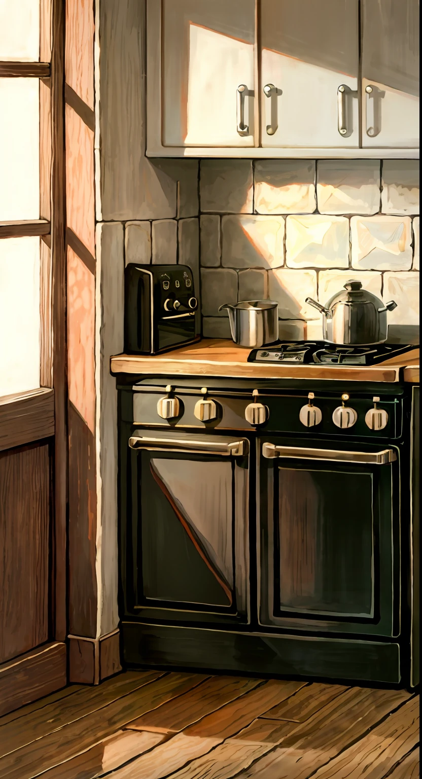 painting of a kitchen with a stove,Game-textured kitchen,Detailed oil painting