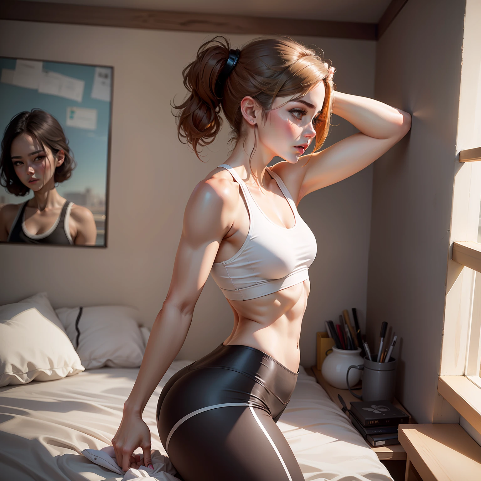 ((Best quality, 8k, Masterpiece :1.3)), 1girl, Pretty woman with emphasizing slender abs :1.3, (random hairstyles :1.2), Oversized tank top :1.2, Ultra-detailed face, Detailed eyes, Double eyelid, armpit --auto
