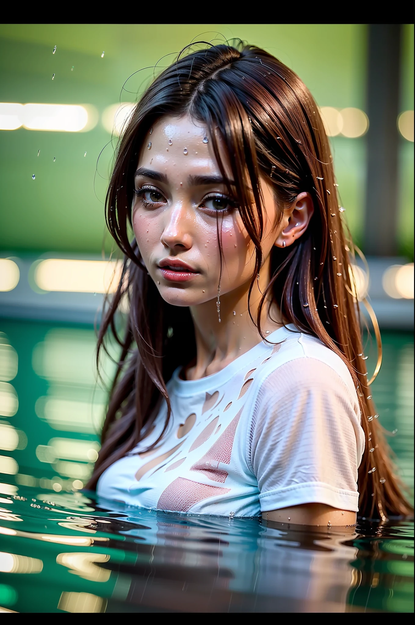 (tall woman with slim figure), (she sits in the pool in rainy weather), ((dark red very long hair)), (small head), ((detailed realistic face and eyes)), cinematic lighting, 8K resolution, ((long white shirt)), ((very wet shirt)), ((wet hair)), (she pulls down the shirt)