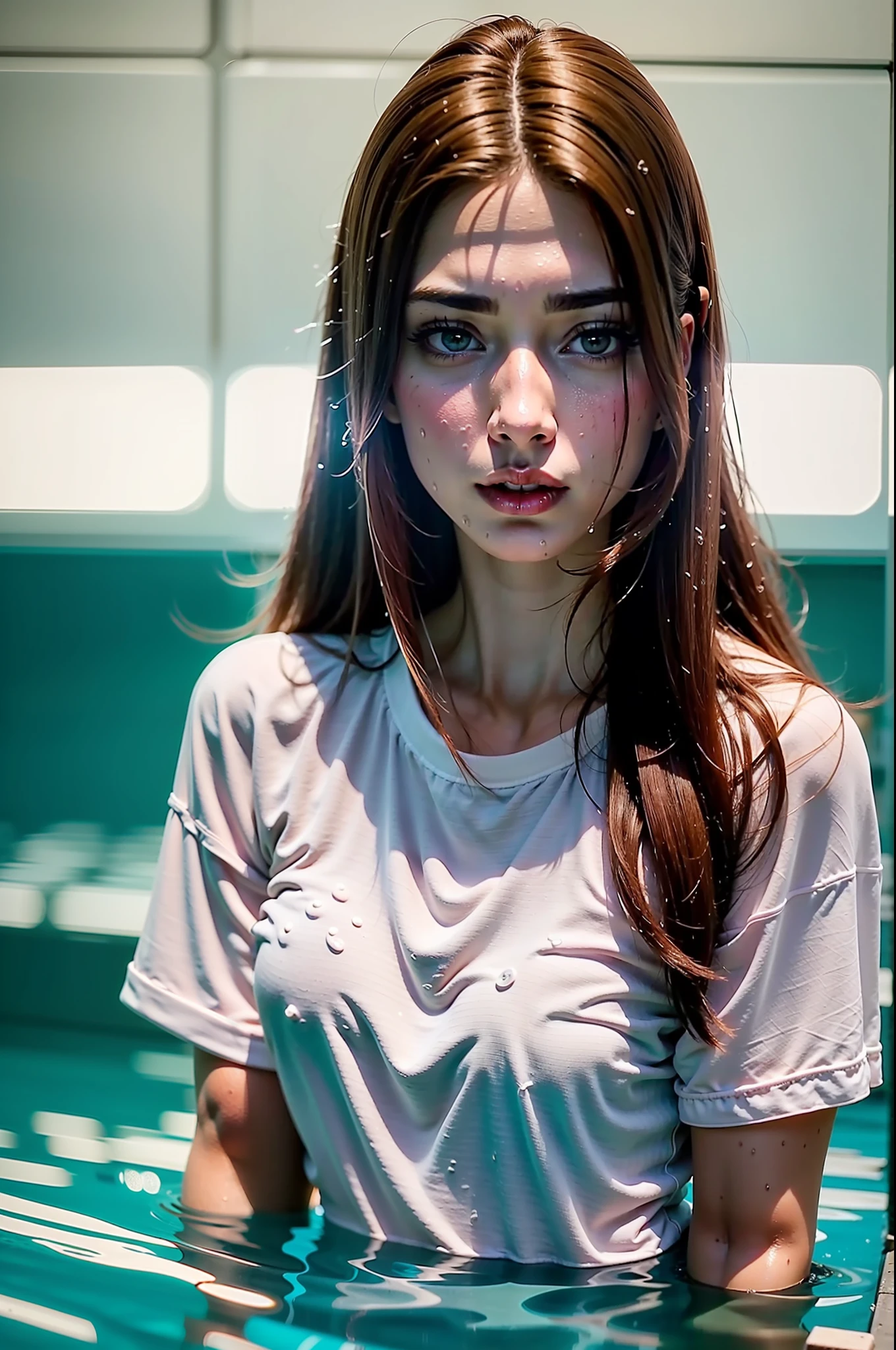 (tall woman with slim figure), (she sits in the pool in rainy weather), ((dark red very long hair)), (small head), ((detailed realistic face and eyes)), cinematic lighting, 8K resolution, ((long white shirt)), ((very wet shirt)), ((wet hair)), (she pulls down the shirt)