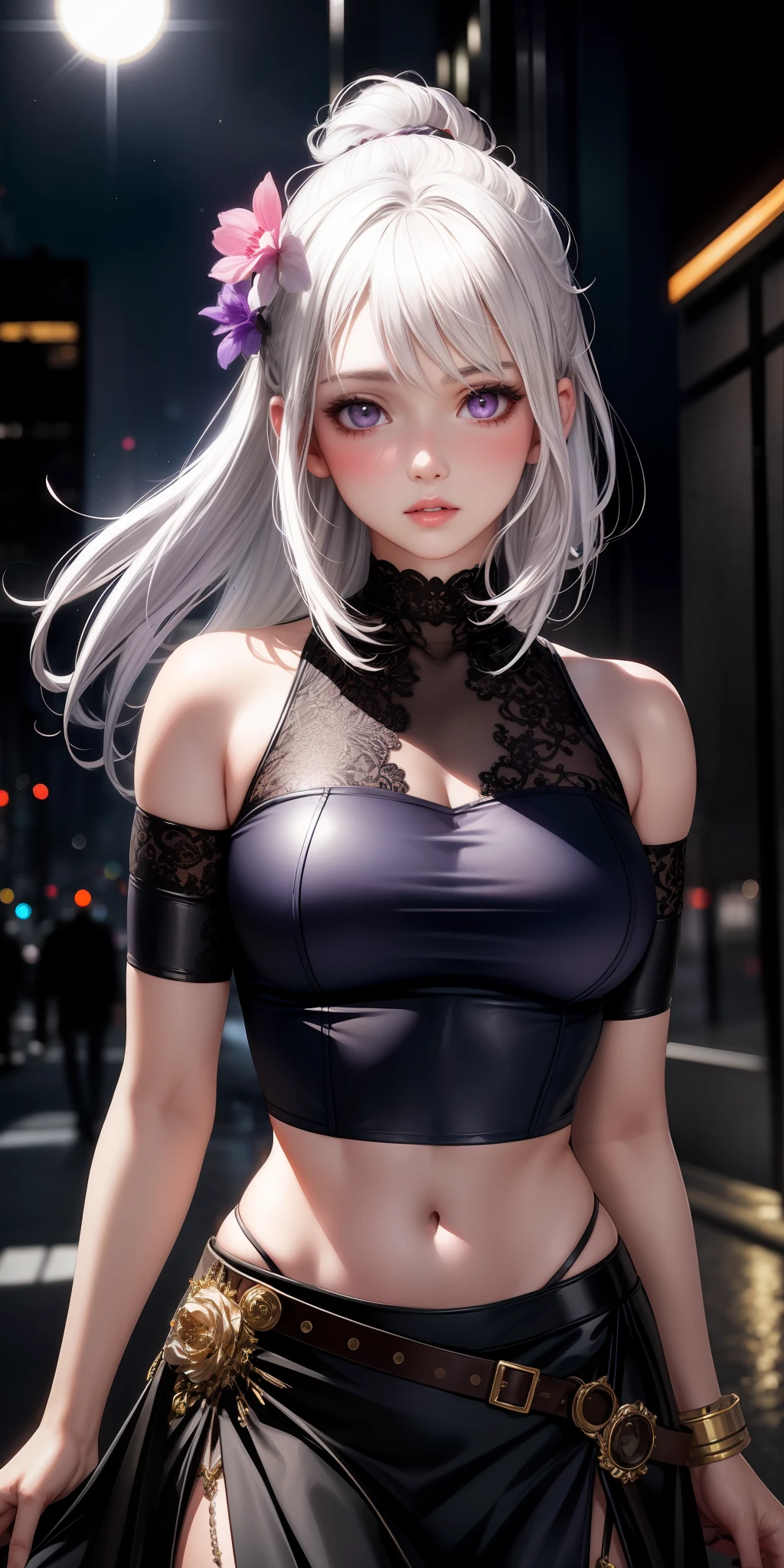 realistic, 1girl, white hair, purple eyes, glowing eyes, crop top, skirt, parted lips, blush, night, flowers, sun, sunlight,