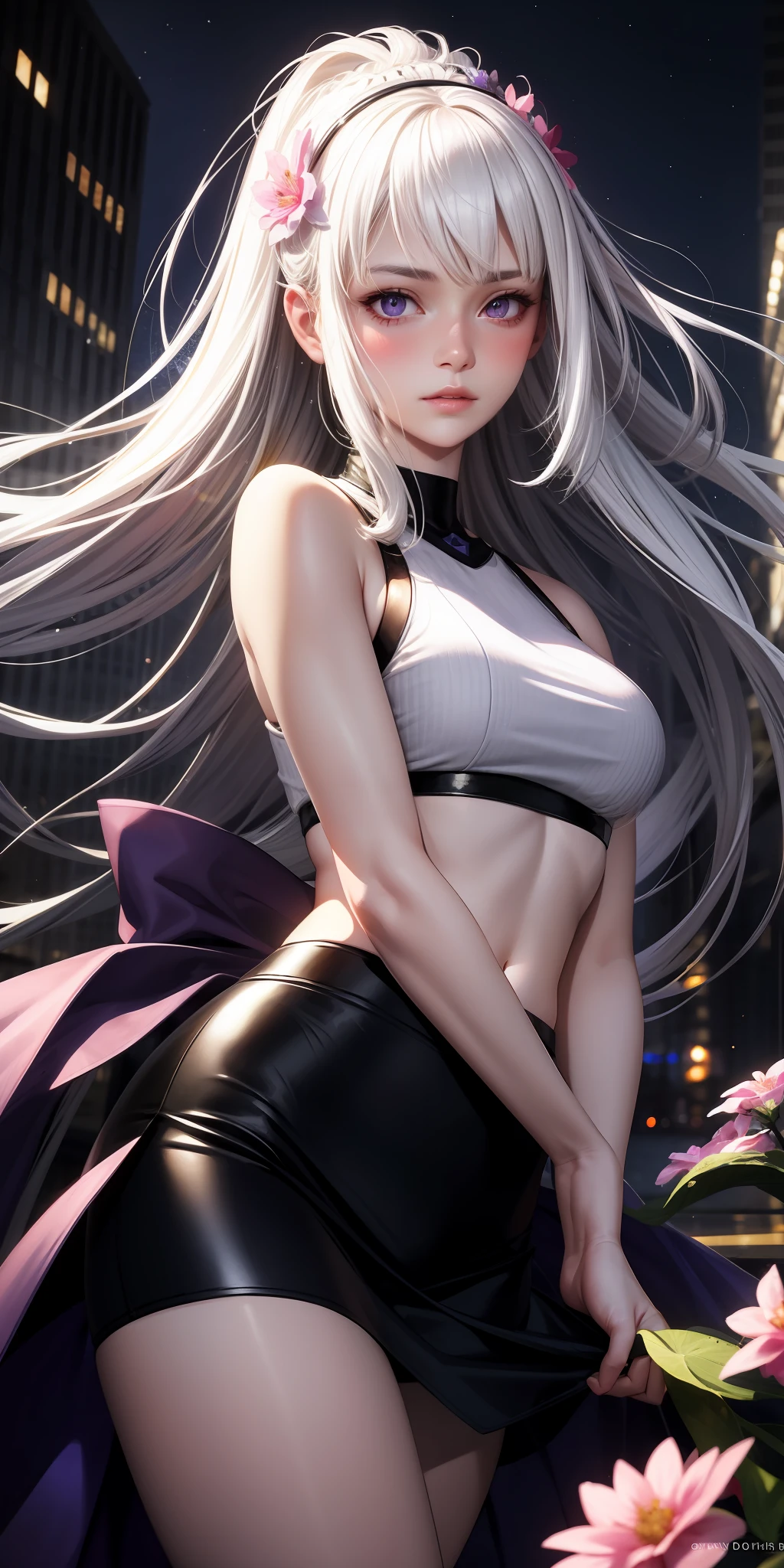 realistic, 1girl, white hair, purple eyes, glowing eyes, crop top, skirt, parted lips, blush, night, flowers, sun, sunlight,