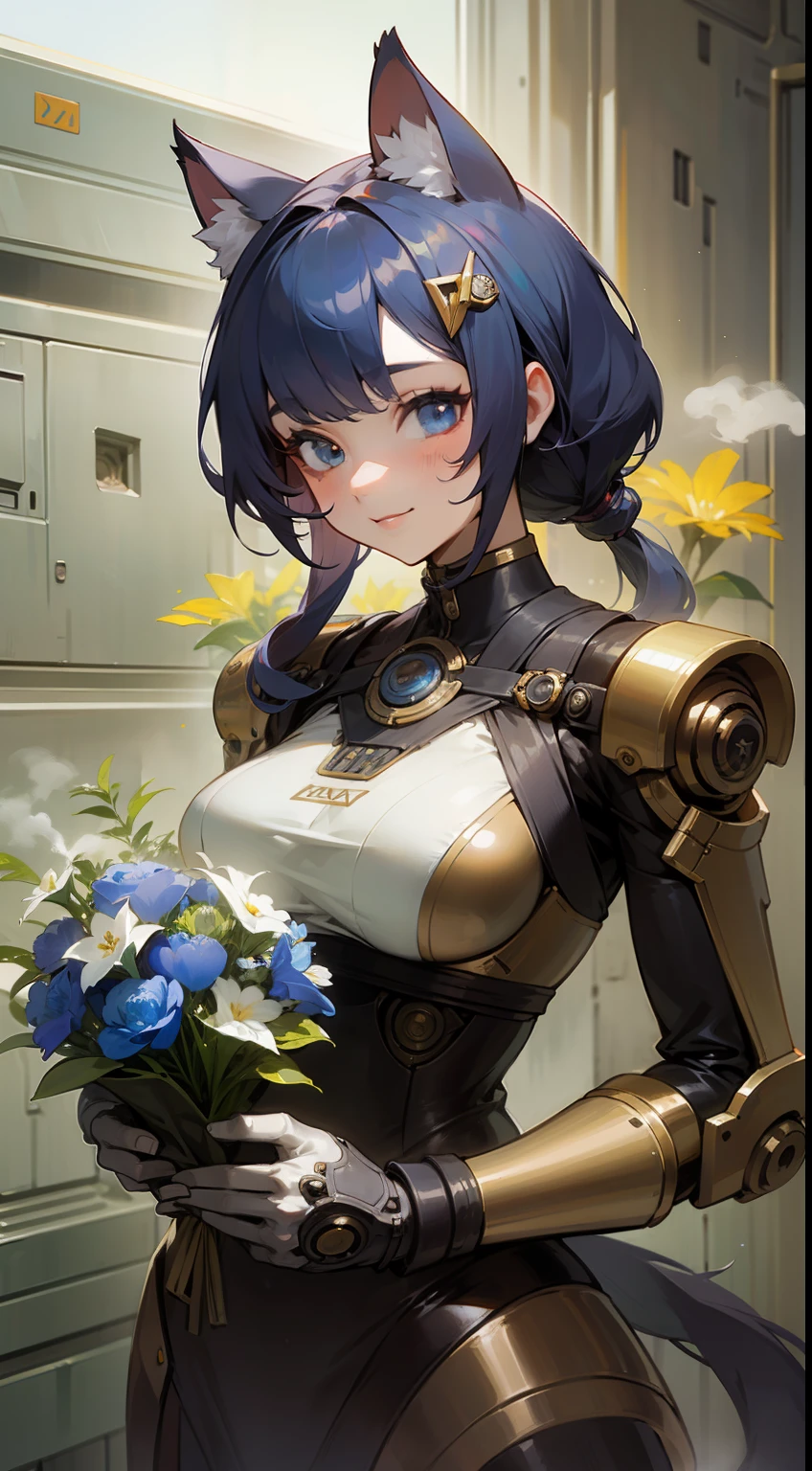 ((Master masterpiece)), ((Top image quality)), illutst, The girls1Guys, Hair color, Bangs, Hairstyle Fax,Cat's ears、 Portrait from the waist up, Slender、constricted hips、((large udder))、Maiden、Star Trek、Borg from Star Trek、have a bouquet、Bouquet of metallic flowers with a big smile、Metallic clothing、Clothes with machines、prosthesis、steam-punk、ponie tail、Machine-made hair ornament