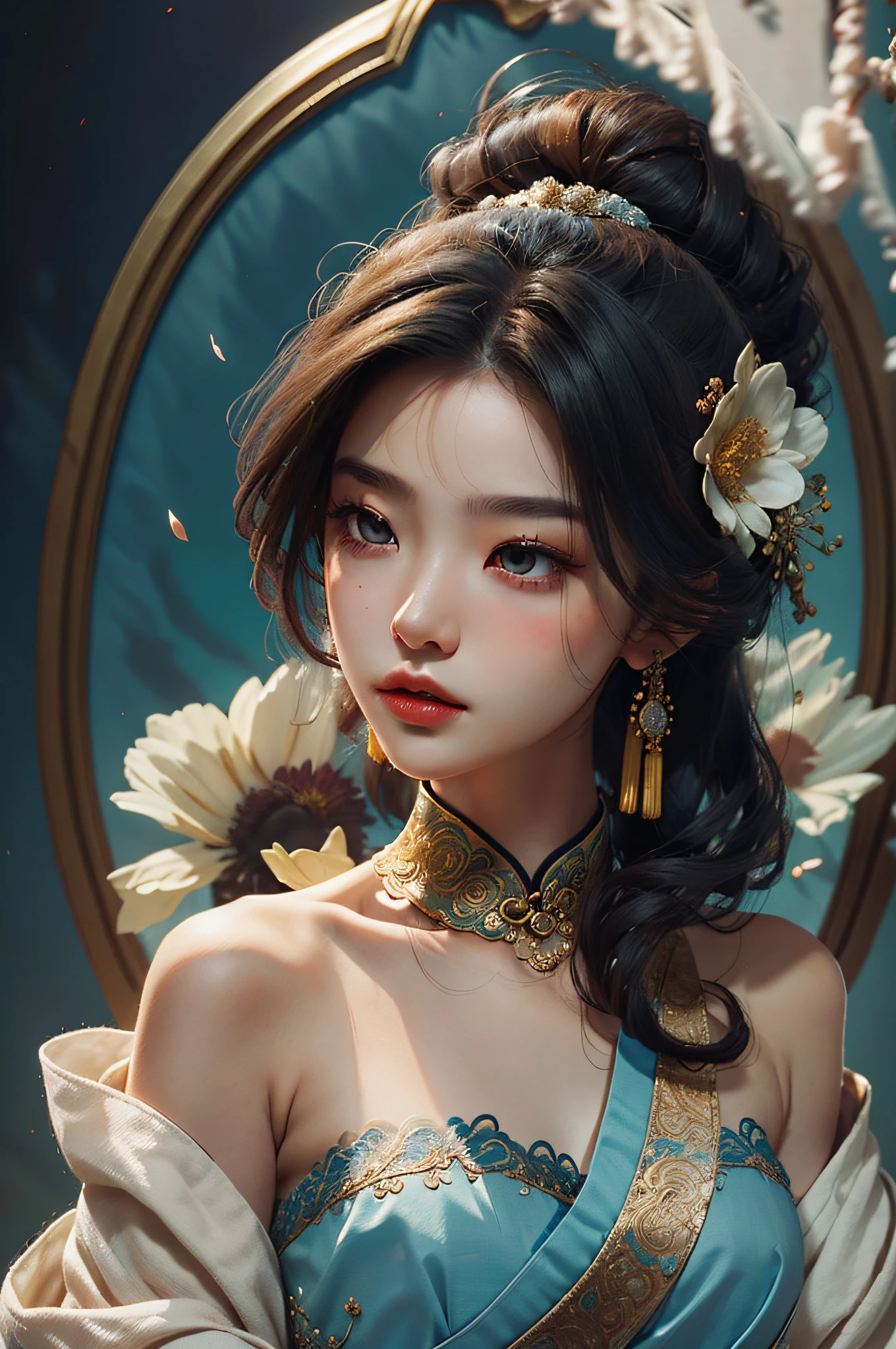 Zhong Fenghua, 1girls, (Whole human body) 独奏, Hanfu, flowers fields, blossom flower, (White smoke:1.3) (pphotorealistic:1.4),A coquettish expression,Bow your head shyly,Fawn rammed,Detailed expressions,disheveled hair,nmasterpiece,Absurde,Shy, Zen entanglement, a Mandala, entangled, offcial art, Unity 8k wallpaper, Ultra-detailded, Beautiful and beautiful, nmasterpiece,optimal quality, (dynamic angle:1.4), Glowing skin, (Floating colorful flashes:1)The most beautiful forms of chaos,elegantly,Fauvistdesign,vividcolor,Romantic depth of field,