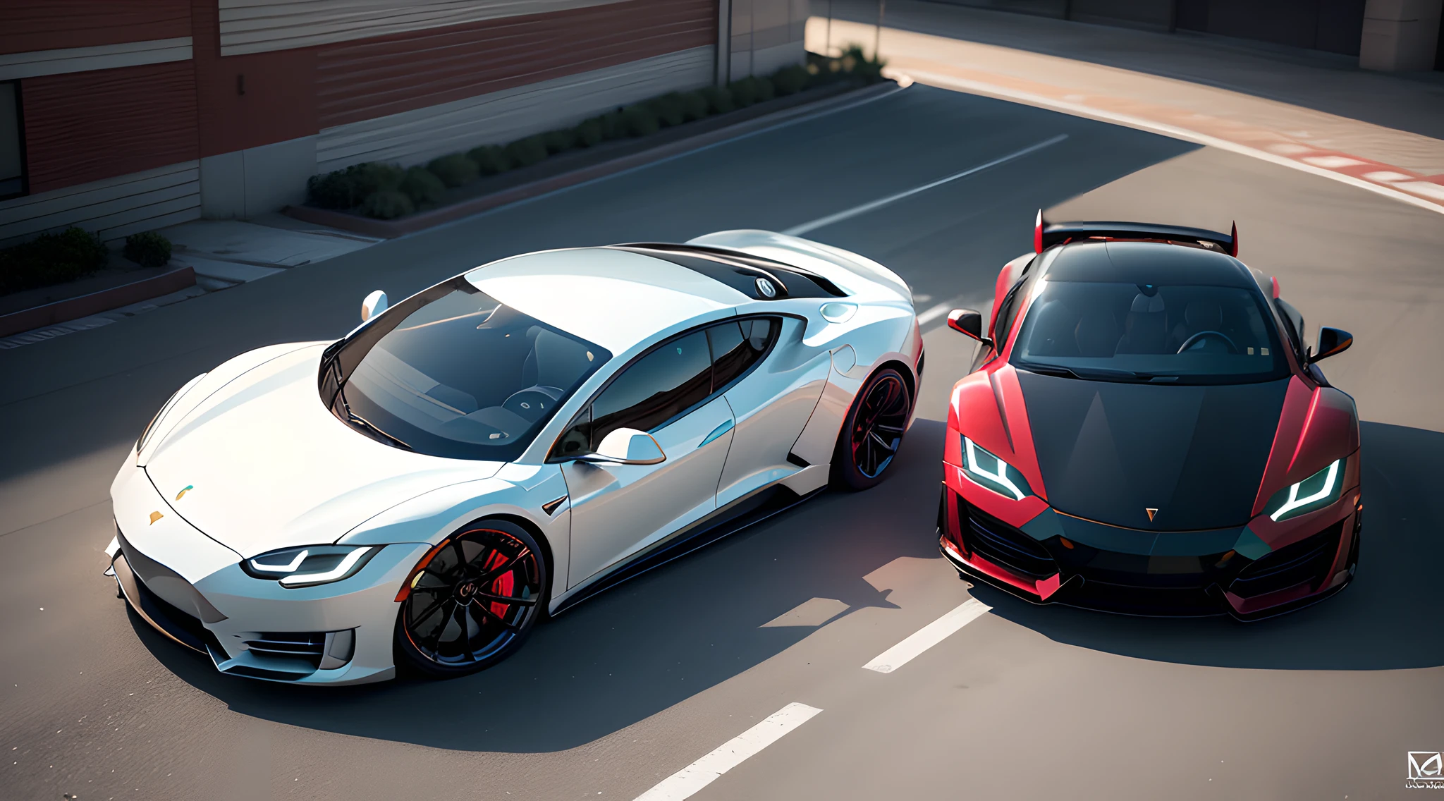 A futuristic, A Tesla and Lamborghini mashup, White car, smar cars, overhead view, Realistic, Surreal style, 4K, hdr,