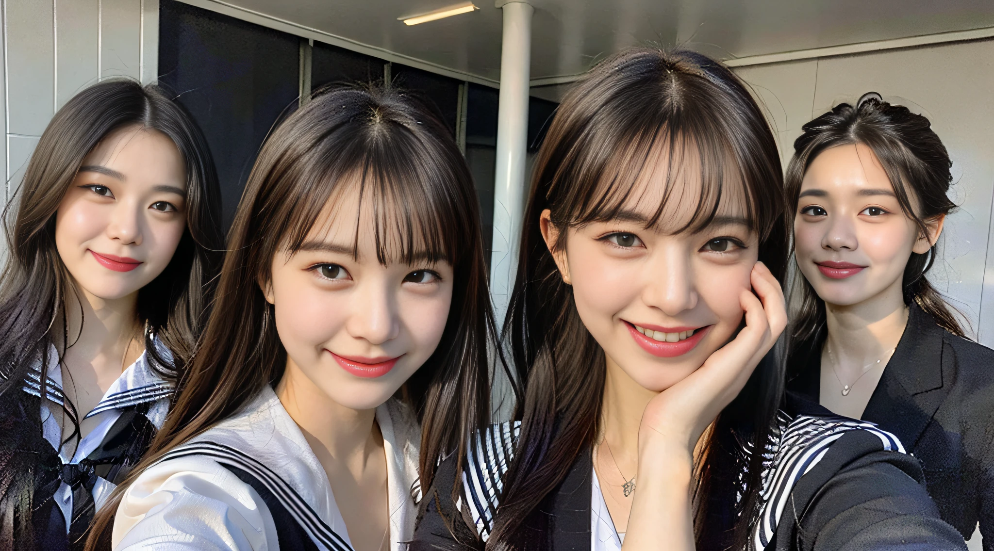 (8K、Raw photography、beste-Quality、A masterpice:1.2)、Ultra-detailded、ultra res、(Realstic、real photograph:1.47)、（I'm looking at this with my tongue out）Mouth open、（Fantastic lighting）kawaii pose、White Skin Skin、Fair-skinned female proofreading、An ultra-high picture quality、8K Wallpaper、amazing detailed、Beautiful girls in very detailed、Faces with different patterns、Having a conversation in a classroom at school、Brown hair shining in the light、One has a ponytail、、Modern cute high school girl、very detailed faces very detailed eyes、Very realistic skin、 extremely detailed fingers, extremely detailed nose, highly detail mouth, flawless anatomy, Highly detailed sailor suit、highly detailed back ground,After school、Smiling school girls are gathered in the hallway of the school。They are in uniform、The blackboard is faintly visible in the background.。Light from bright windows illuminates the classroom、The details of their hair and uniforms shine through.。, famous Japan idol, a Pretty, Realistic body, Slender, White Skin Skin, shining skin, Slim body,  Long straight hair, (Blunt bangs:1.2),  、Schoolgirl youth　Celebrity-level cuteness　、（Pink Eye Shadow）((Drawing a heart picture under the eyes)) heart mark、♡