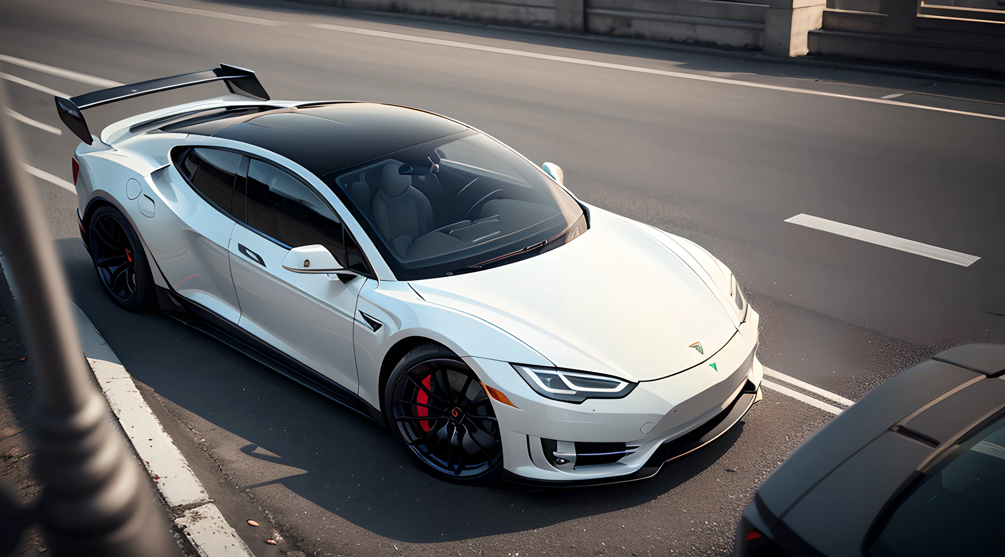 A futuristic, A Tesla and Lamborghini mashup, White car, smar cars, overhead view, Realistic, Surreal style, 4K, hdr,