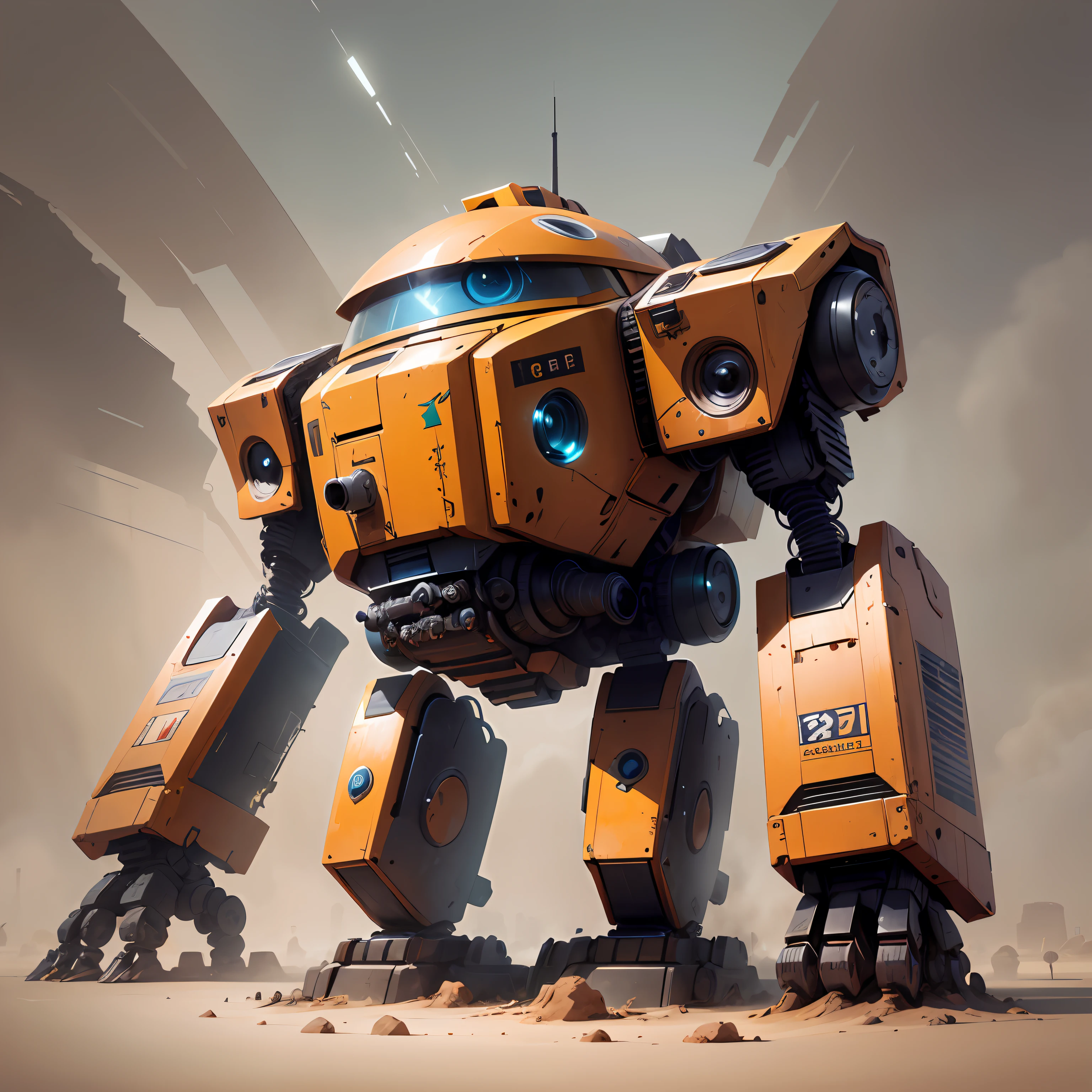 there is a robot that is standing in the dirt, mech robot futuristic, Yellow mech, A mechanical, wojtek fus, comic book style battlemech, sci-fi mech, robot concept art, mech robot, battlemech, mechanized art concept, battlemech, giant mecha, mech concept art, portrait of a mech, mech body, sparth style