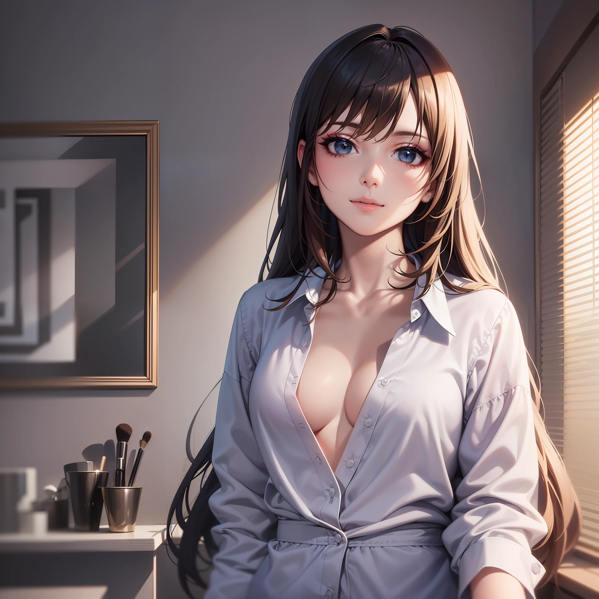 (extremely detailed CG unity 8k wallpaper), (masterpiece), (best quality), (ultra-detailed), (best illustration), (best shadow), ultra-high res, (photorealistic:1.4), 1girl at home, ((very oversize shirt, buttoned shirt, open shirt)), (man shirt), no bra, collarbone, (small breasts:1.2), small , (long hair:1.2), looking at viewer, light smile, upper body, makeup,