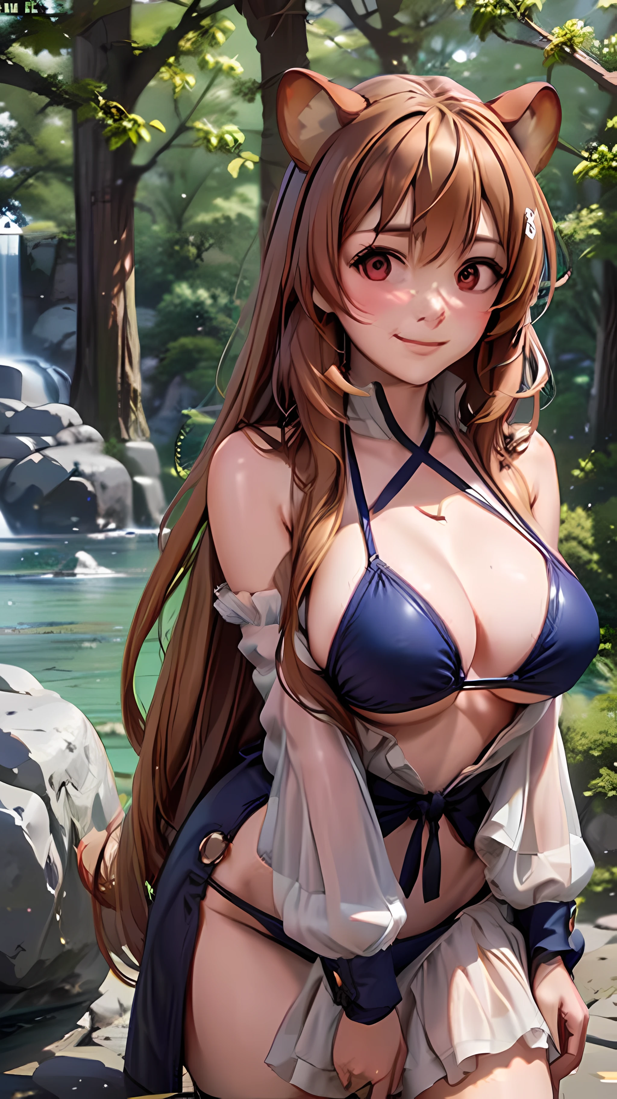 巨作, beste-Quality, Raphtalia, a 1girl, 独奏, Long Hair, Breast, looking at the spectator, big boob, Big hip, blush, behind, a smile, bikini only, auburn hair, red eyes, thights, long sleeves, gown, guarding, animal ears, Very long hair, closed mouth, bikini of, Raccoon tail, Raccoon Girl, bending down,