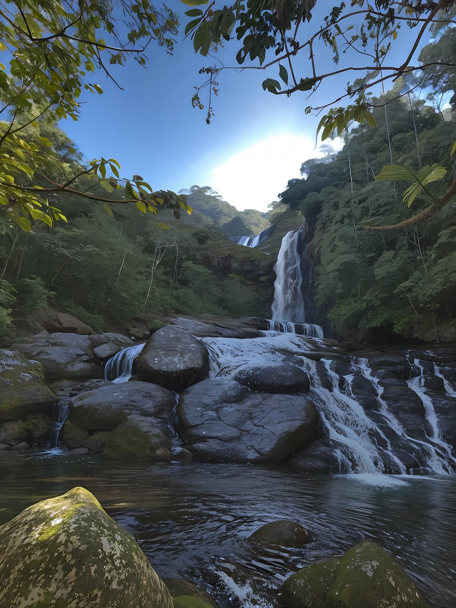 there is a waterfall that is flowing down a hill in the forest, with trees and waterfalls, cachoeira abaixo, com cachoeiras e rio, cachoeira no fundo, com cachoeiras, cachoeiras ao fundo, um rio que corre com cachoeira, cachoeira ao fundo, cachoeiras e lagos, cachoeiras altas, waterfall, amazon jungle, water fall, Floresta e Cachoeira, (waterfall), waterfalls