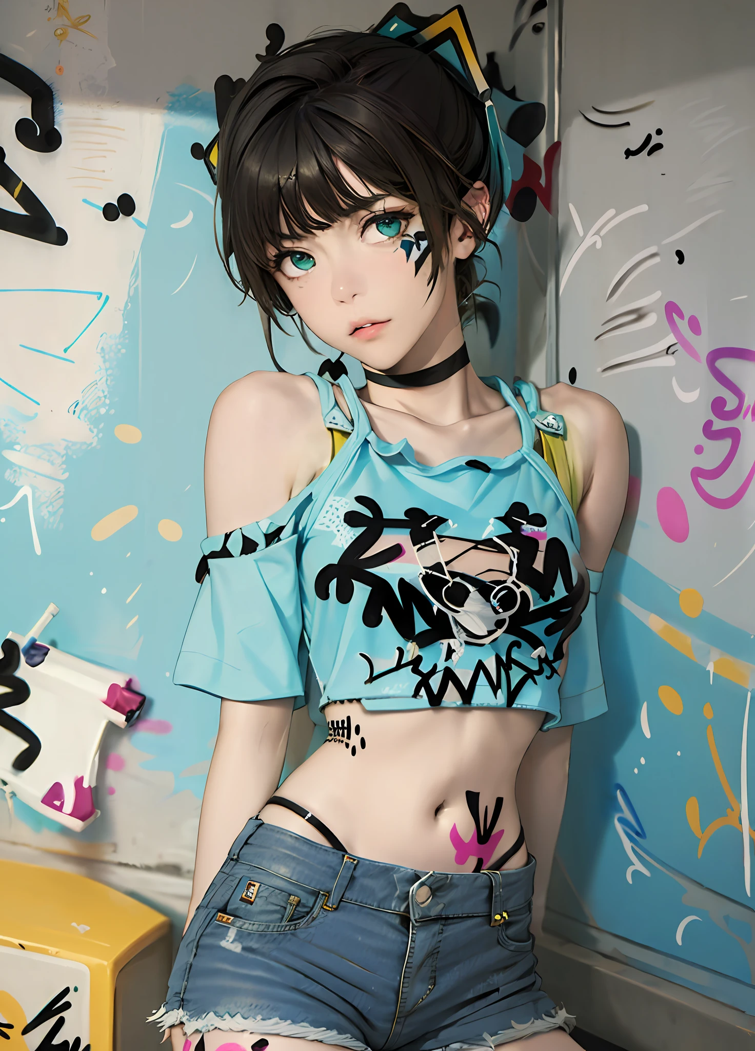 masterpiece, best quality, 1girl, solo, crop top, denim shorts, choker, (graffiti:1.5), paint splatter, arms behind back, against wall, looking at viewer, armband, thigh strap, paint on body, head tilt, bored, multicolored hair, aqua eyes, headset,