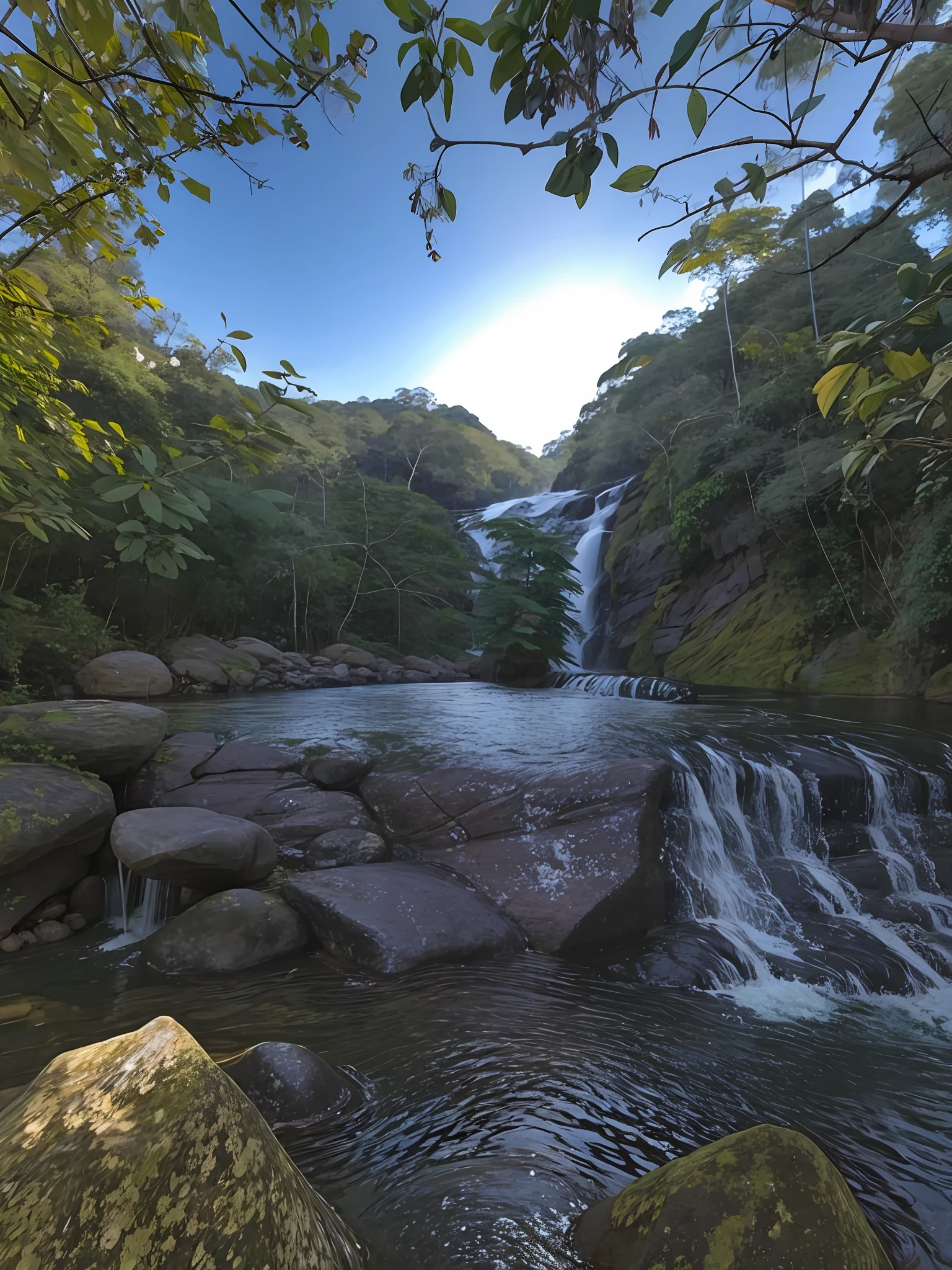 there is a waterfall that is flowing down a hill in the forest, with trees and waterfalls, cachoeira abaixo, com cachoeiras e rio, cachoeira no fundo, com cachoeiras, cachoeiras ao fundo, um rio que corre com cachoeira, cachoeira ao fundo, cachoeiras e lagos, cachoeiras altas, waterfall, amazon jungle, water fall, Floresta e Cachoeira, (waterfall), waterfalls