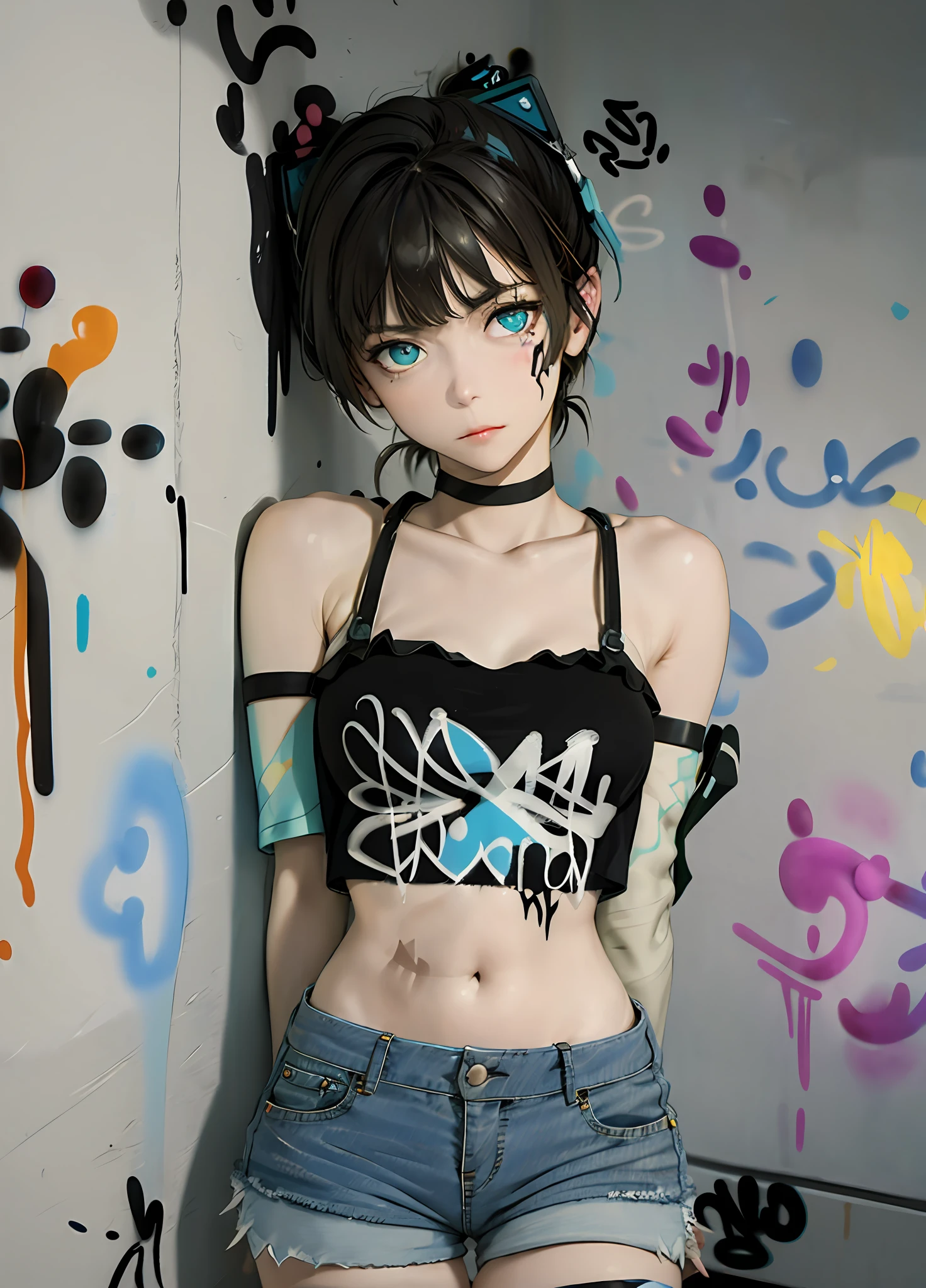 masterpiece, best quality, 1girl, solo, crop top, denim shorts, choker, (graffiti:1.5), paint splatter, arms behind back, against wall, looking at viewer, armband, thigh strap, paint on body, head tilt, bored, multicolored hair, aqua eyes, headset,