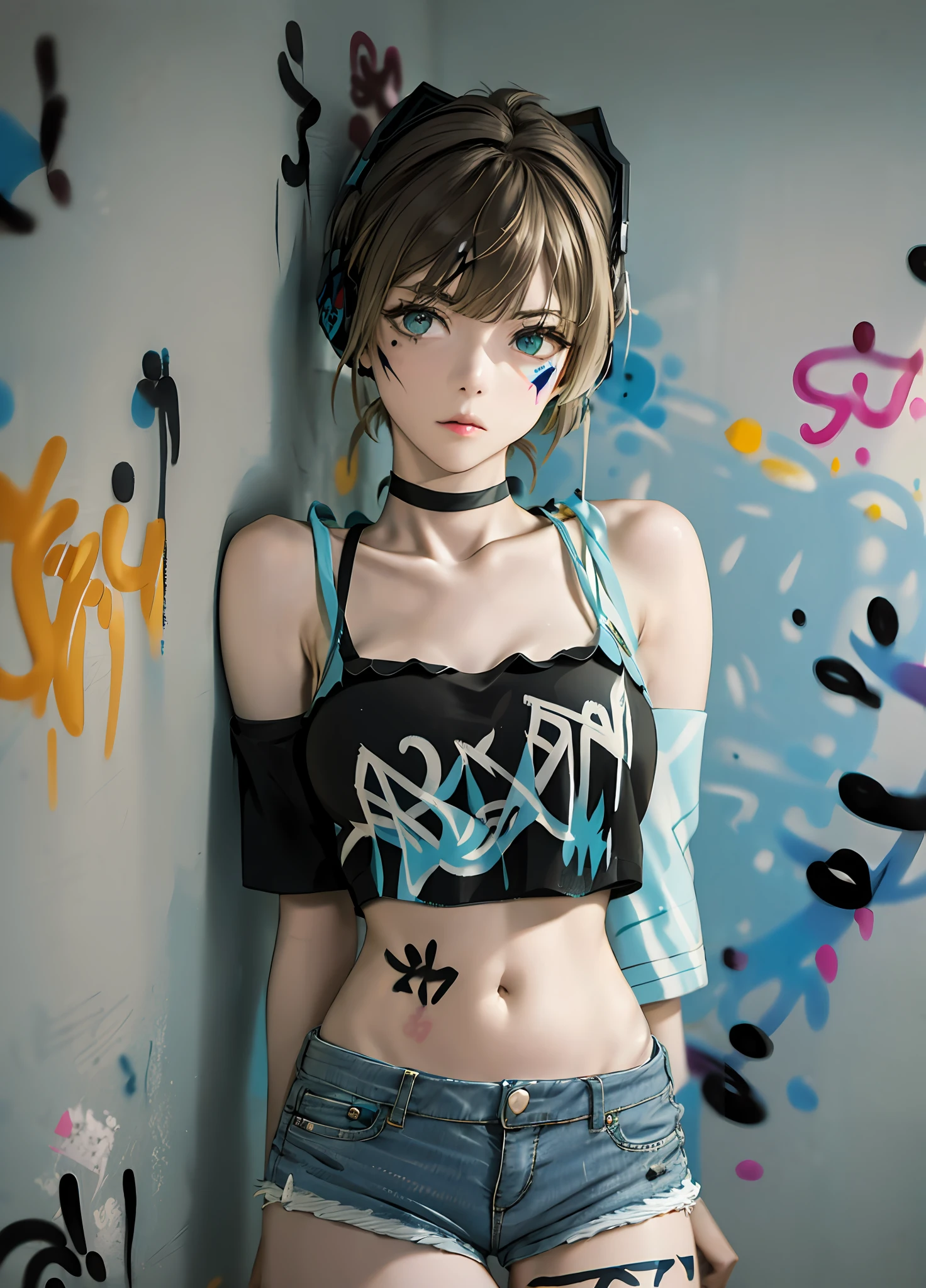 masterpiece, best quality, 1girl, solo, crop top, denim shorts, choker, (graffiti:1.5), paint splatter, arms behind back, against wall, looking at viewer, armband, thigh strap, paint on body, head tilt, bored, multicolored hair, aqua eyes, headset,